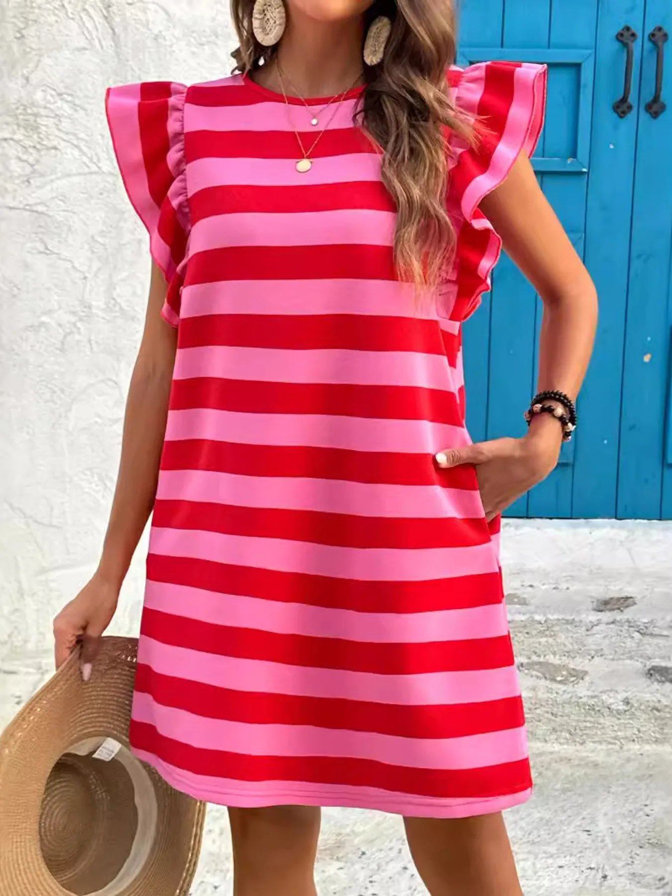 Striped Ruffle Sleeve Casual Summer Dress - Image 7