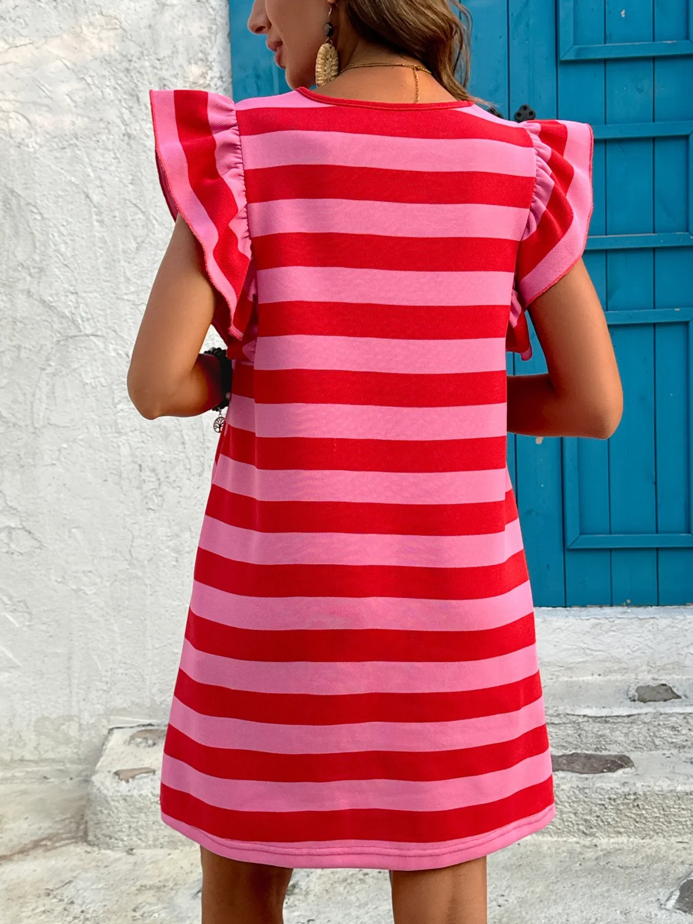 Striped Ruffle Sleeve Casual Summer Dress - Image 8