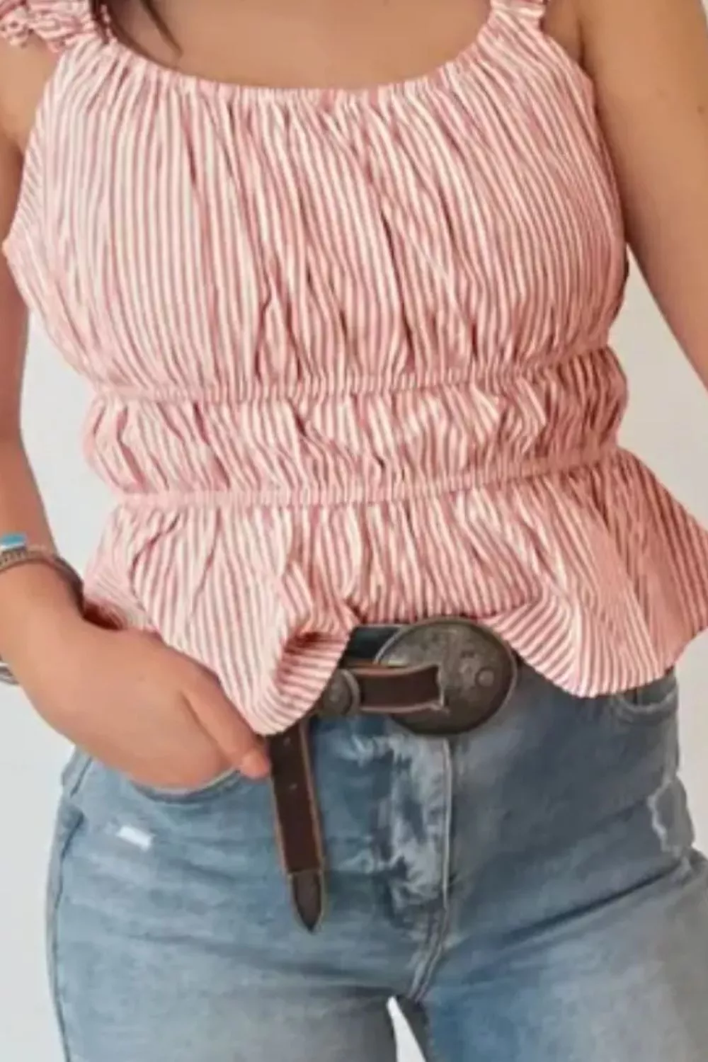 Striped Ruffle Sleeve Smocked Blouse - Image 3
