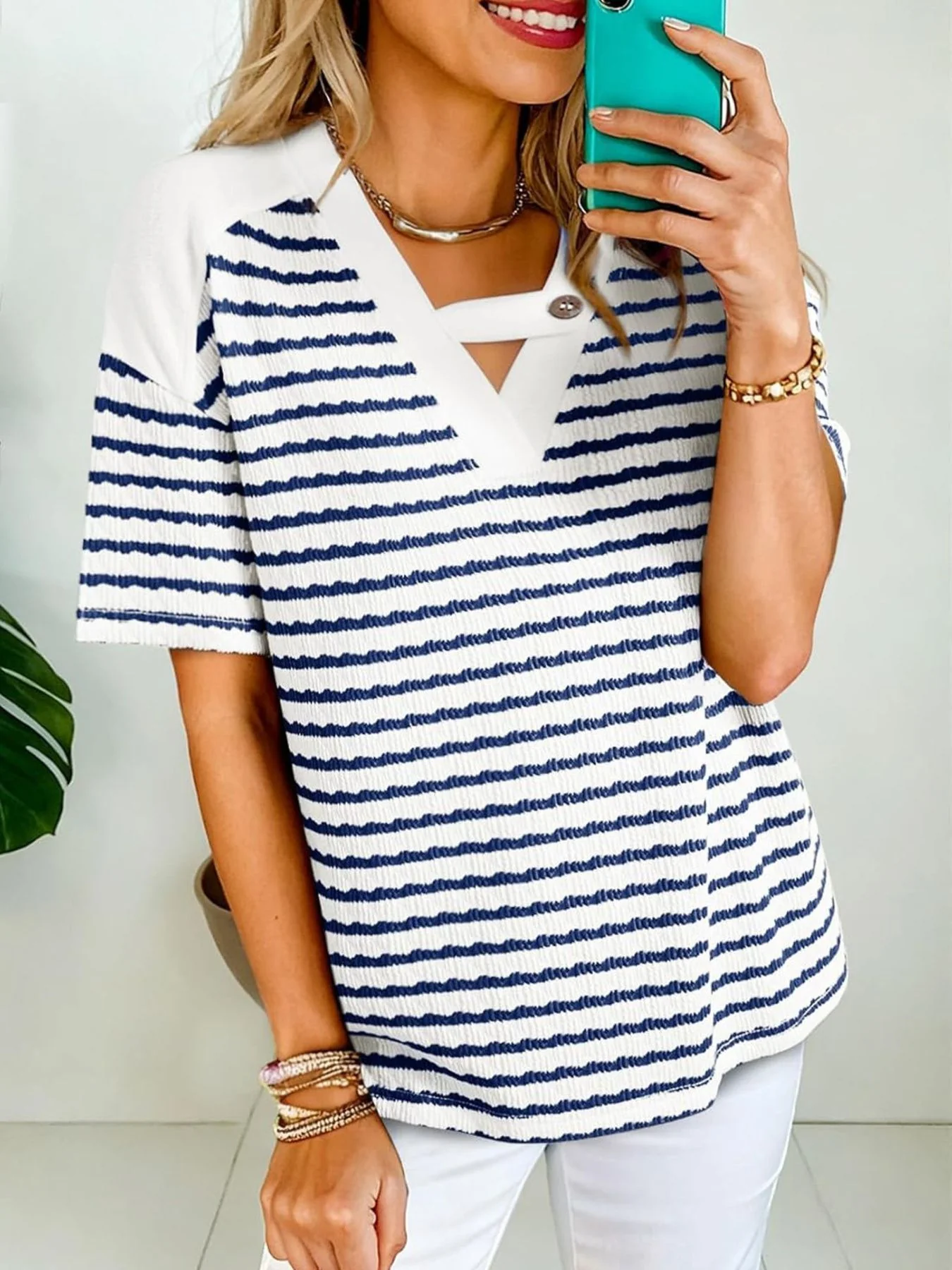 Striped Short Sleeve Casual T-Shirt - Image 5
