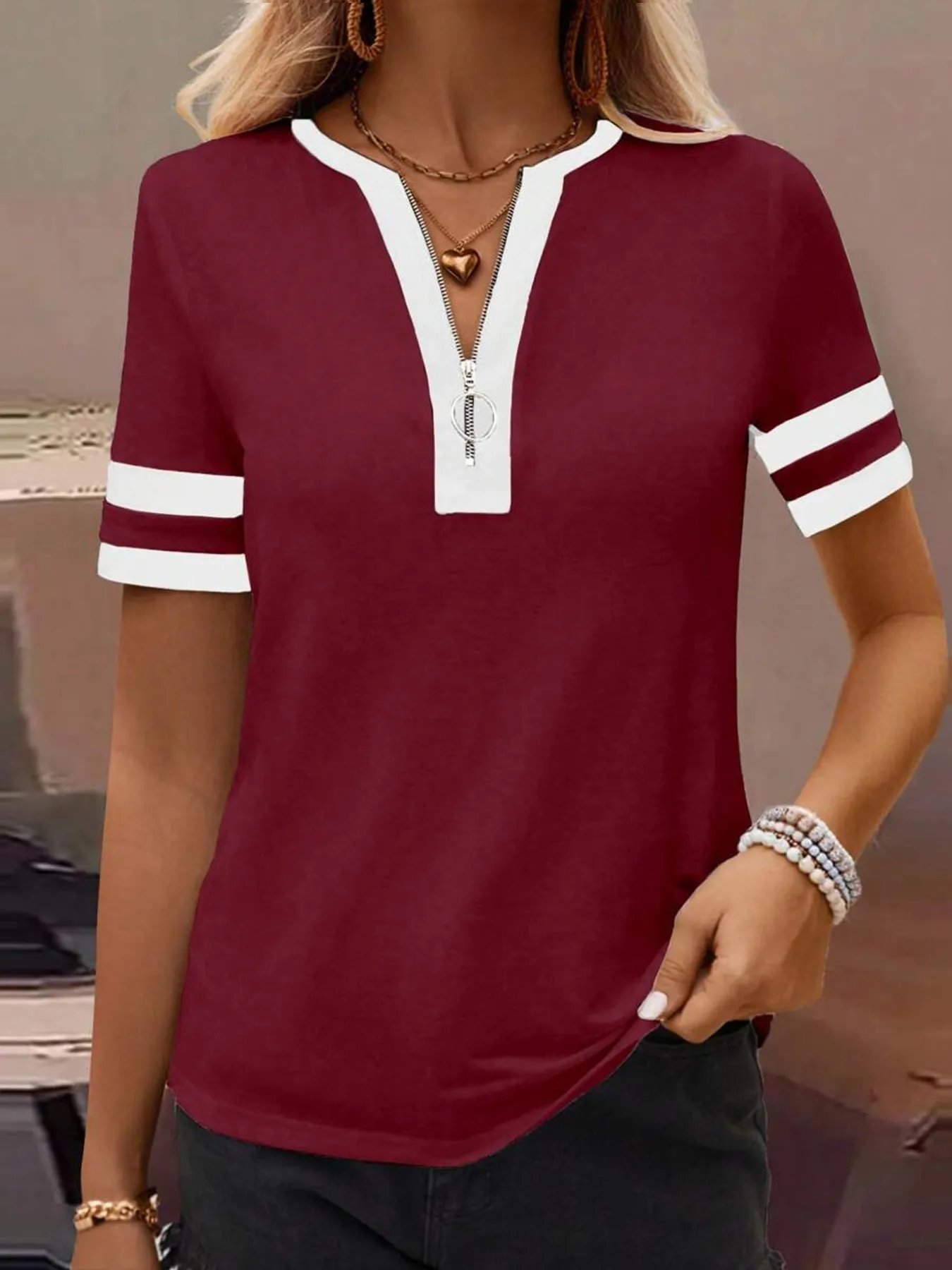 Striped Short Sleeve Half Zip Top - Image 14