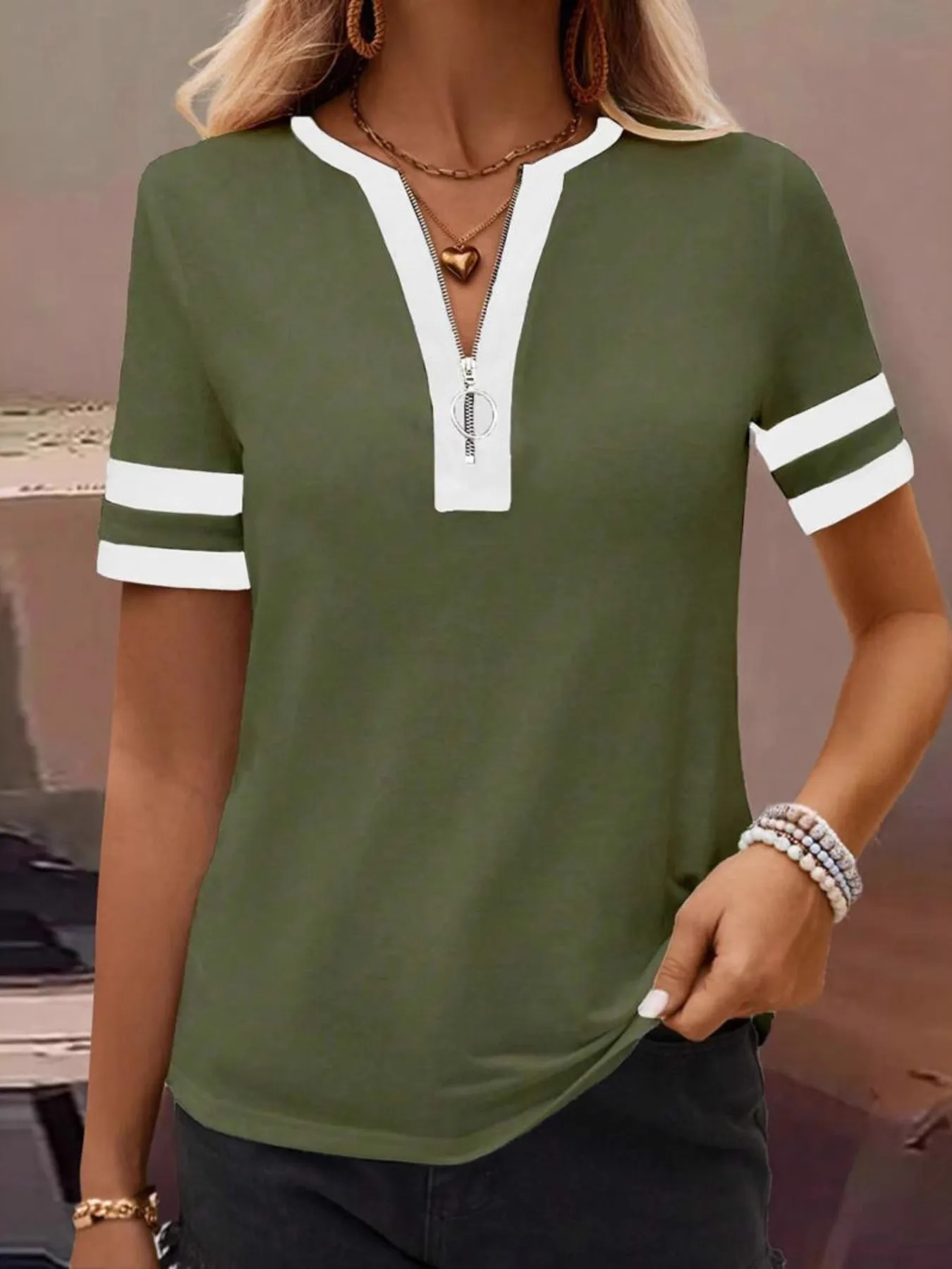 Striped Short Sleeve Half Zip Top - Image 4