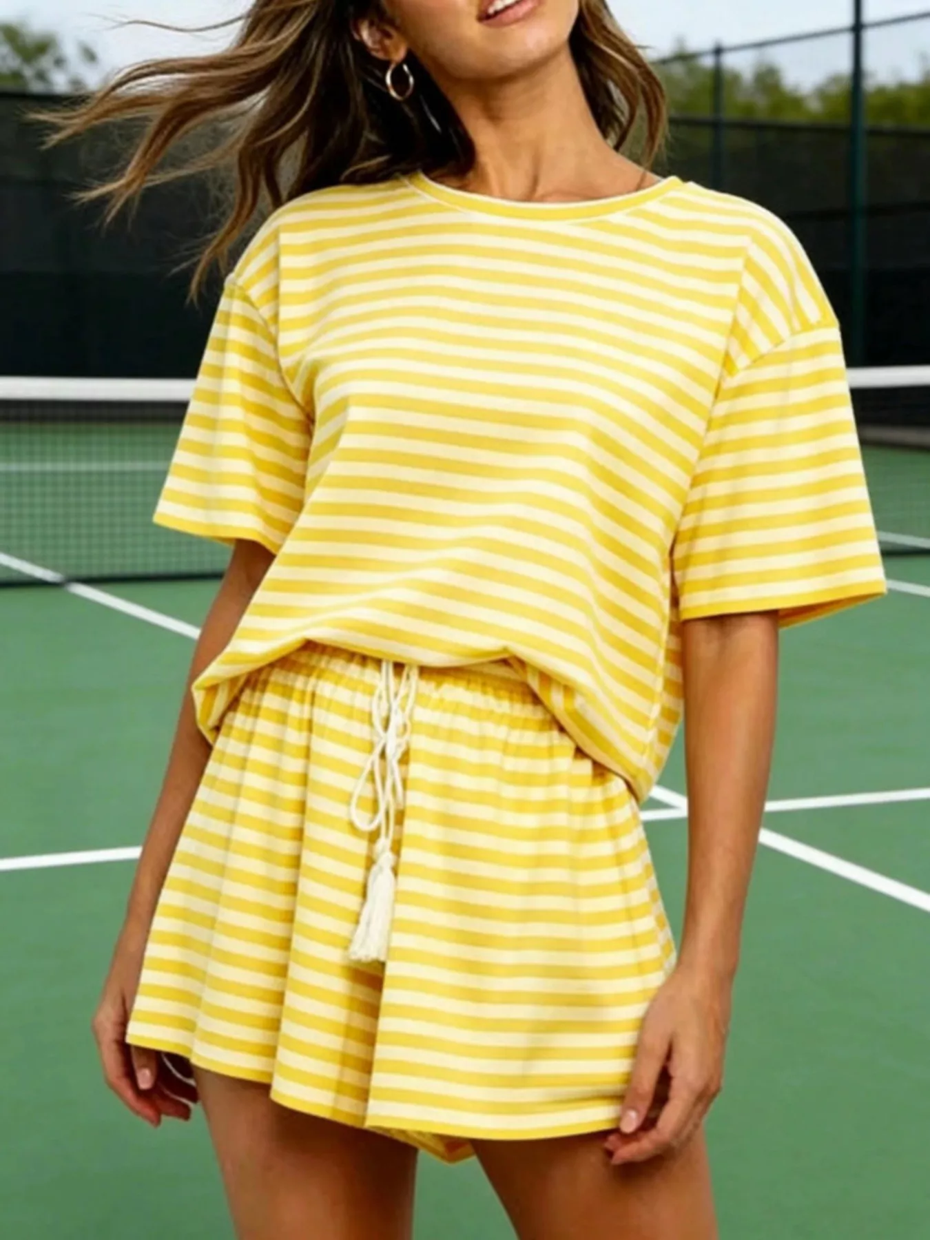 Striped Short Sleeve Tee and Drawstring Shorts Set - Image 3