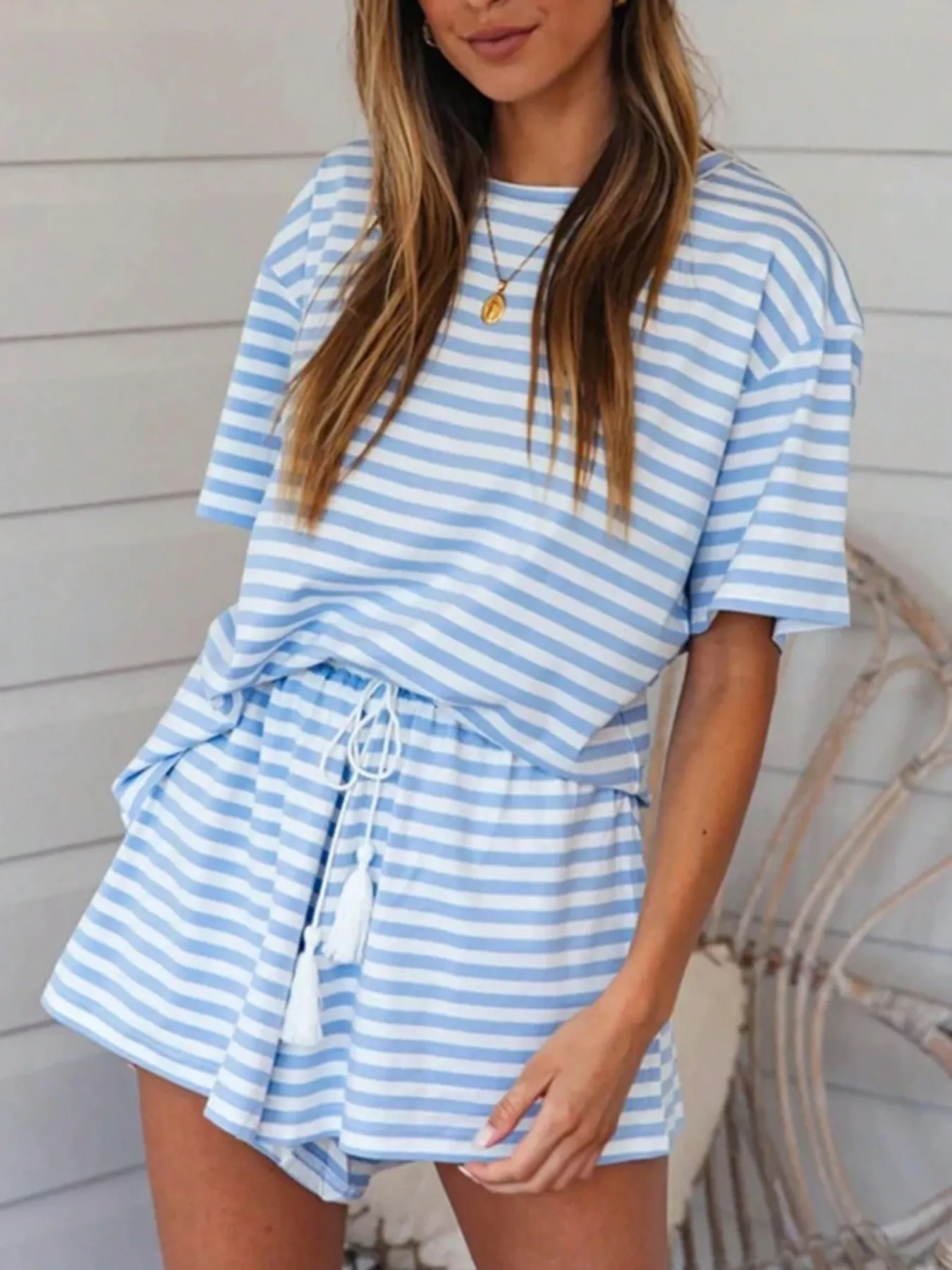 Striped Short Sleeve Tee and Drawstring Shorts Set - Image 8