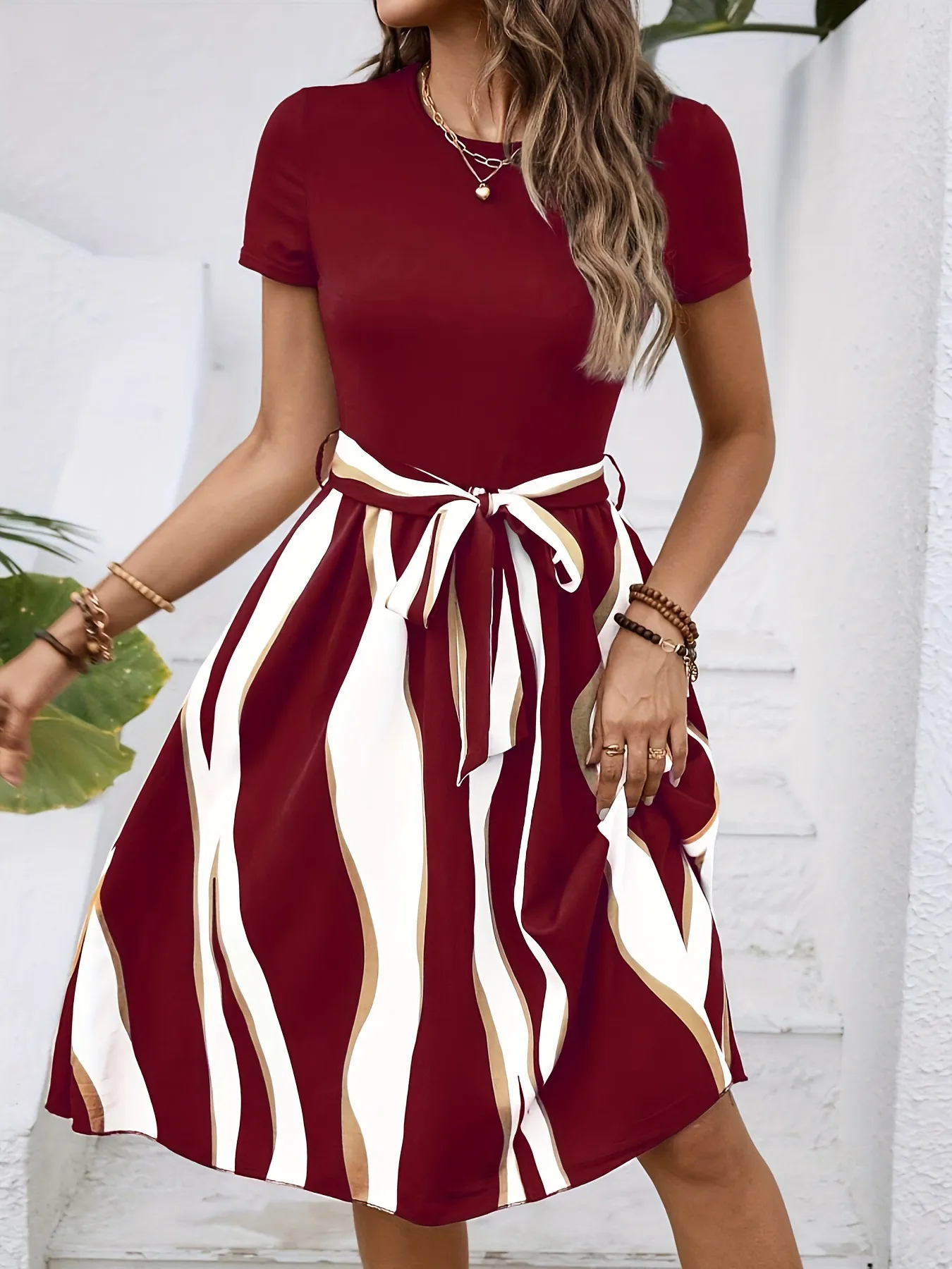 Striped Short Sleeve Tie Waist Dress - Image 9