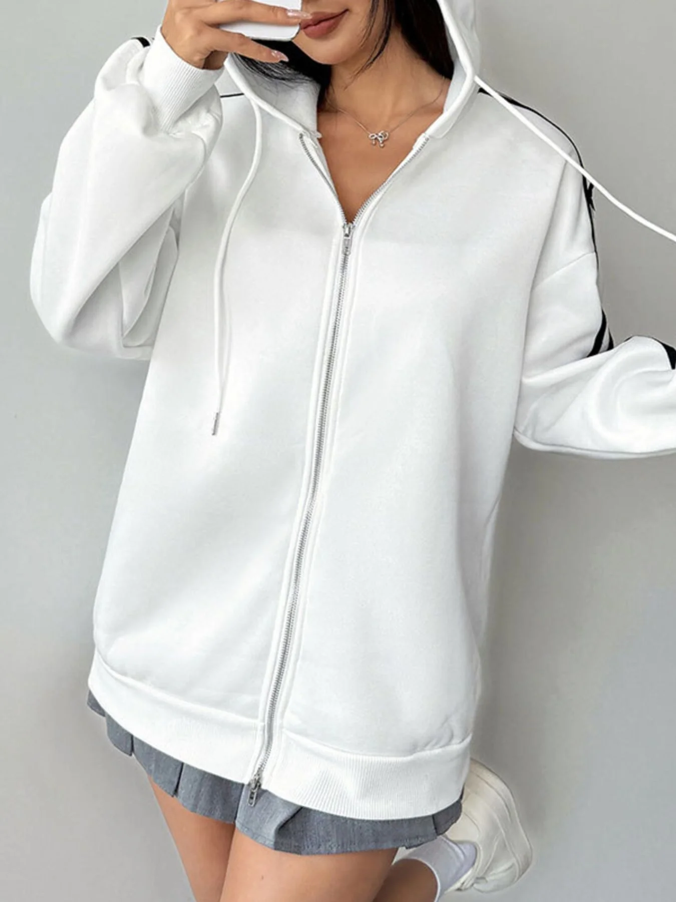 Striped Sleeve Zip-Up Drawstring Hoodie - Image 5
