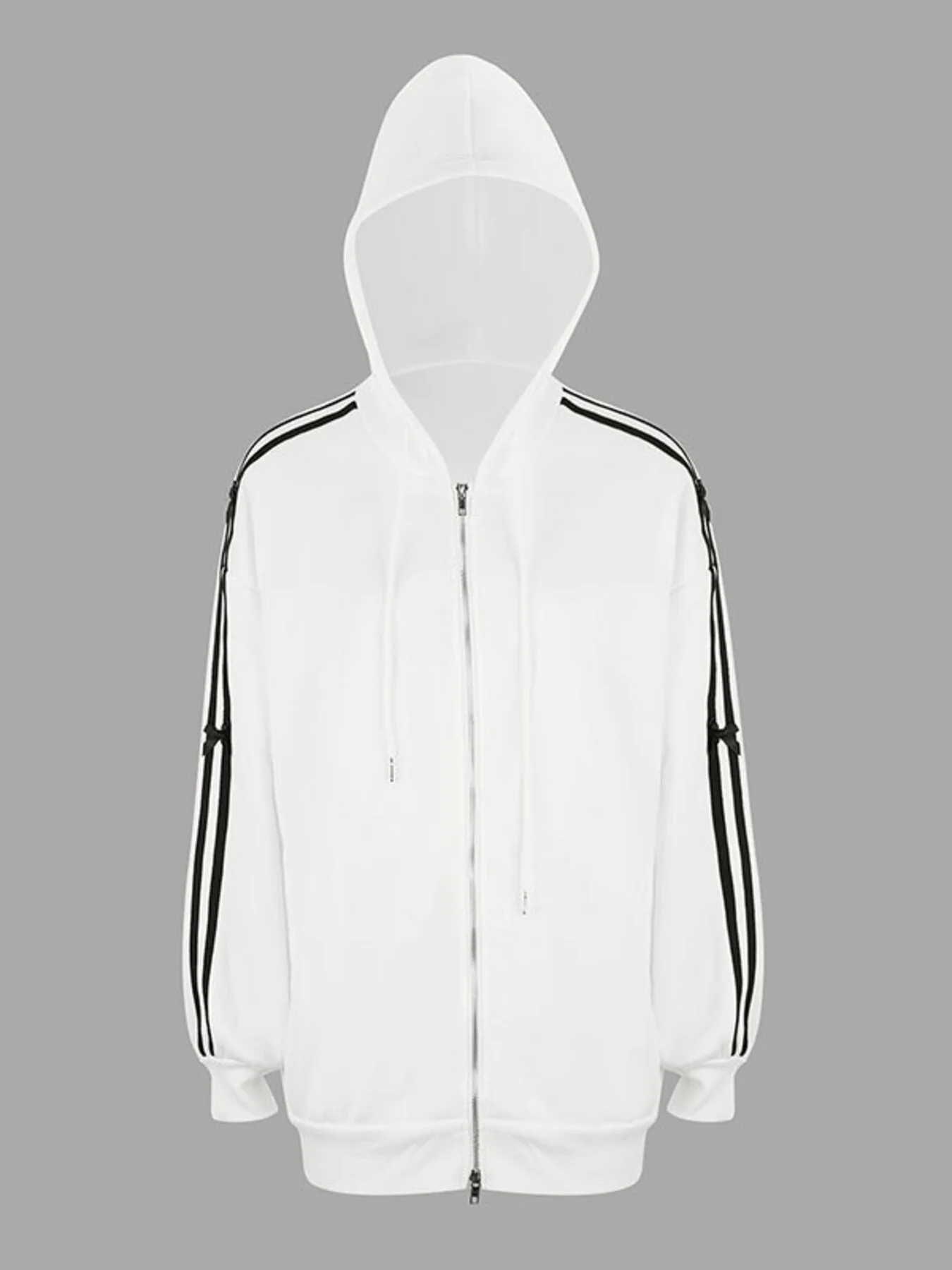 Striped Sleeve Zip-Up Drawstring Hoodie - Image 7