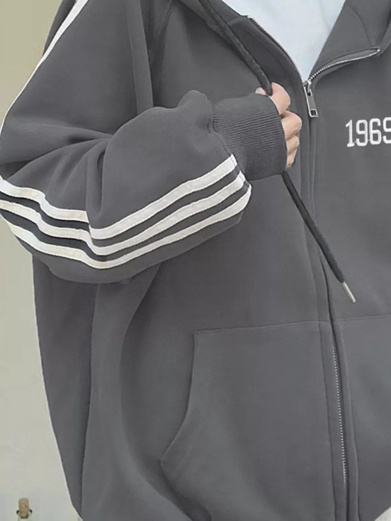 Striped Sleeve Zip-Up Hoodie - Image 3