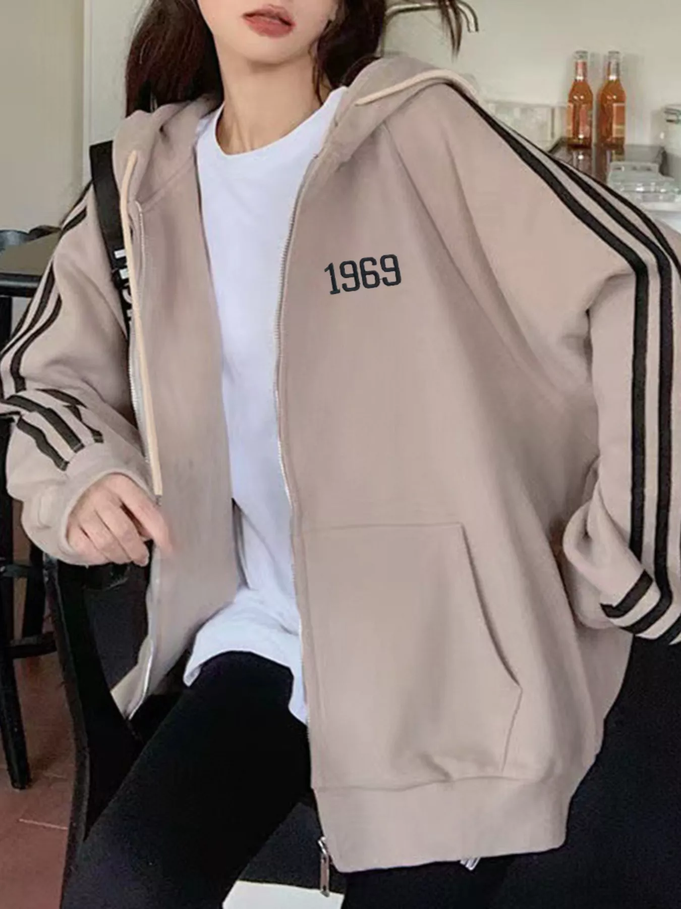 Striped Sleeve Zip-Up Hoodie - Image 4