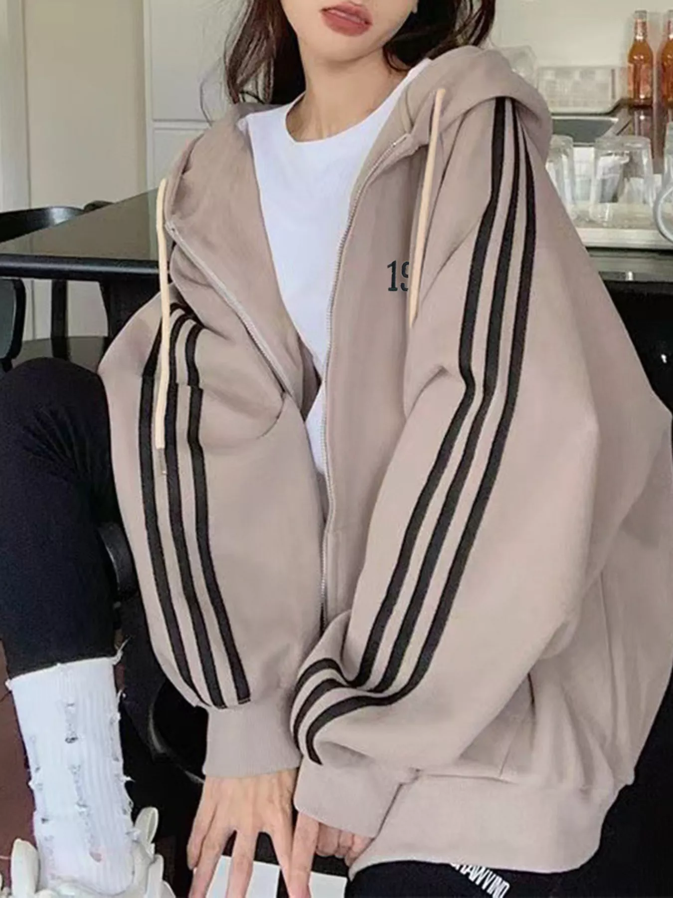 Striped Sleeve Zip-Up Hoodie - Image 7
