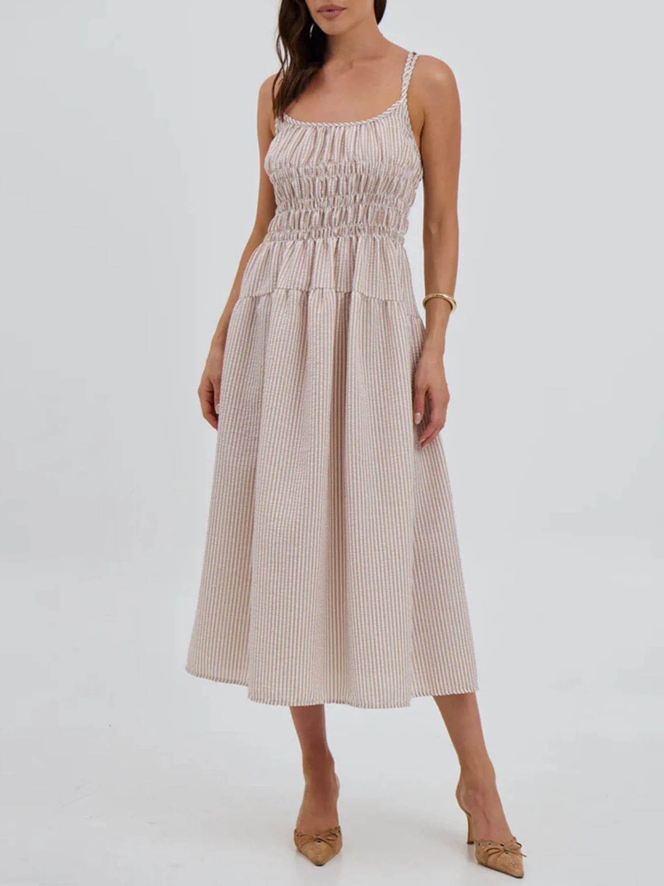 Striped Smocked Bodice Midi Dress