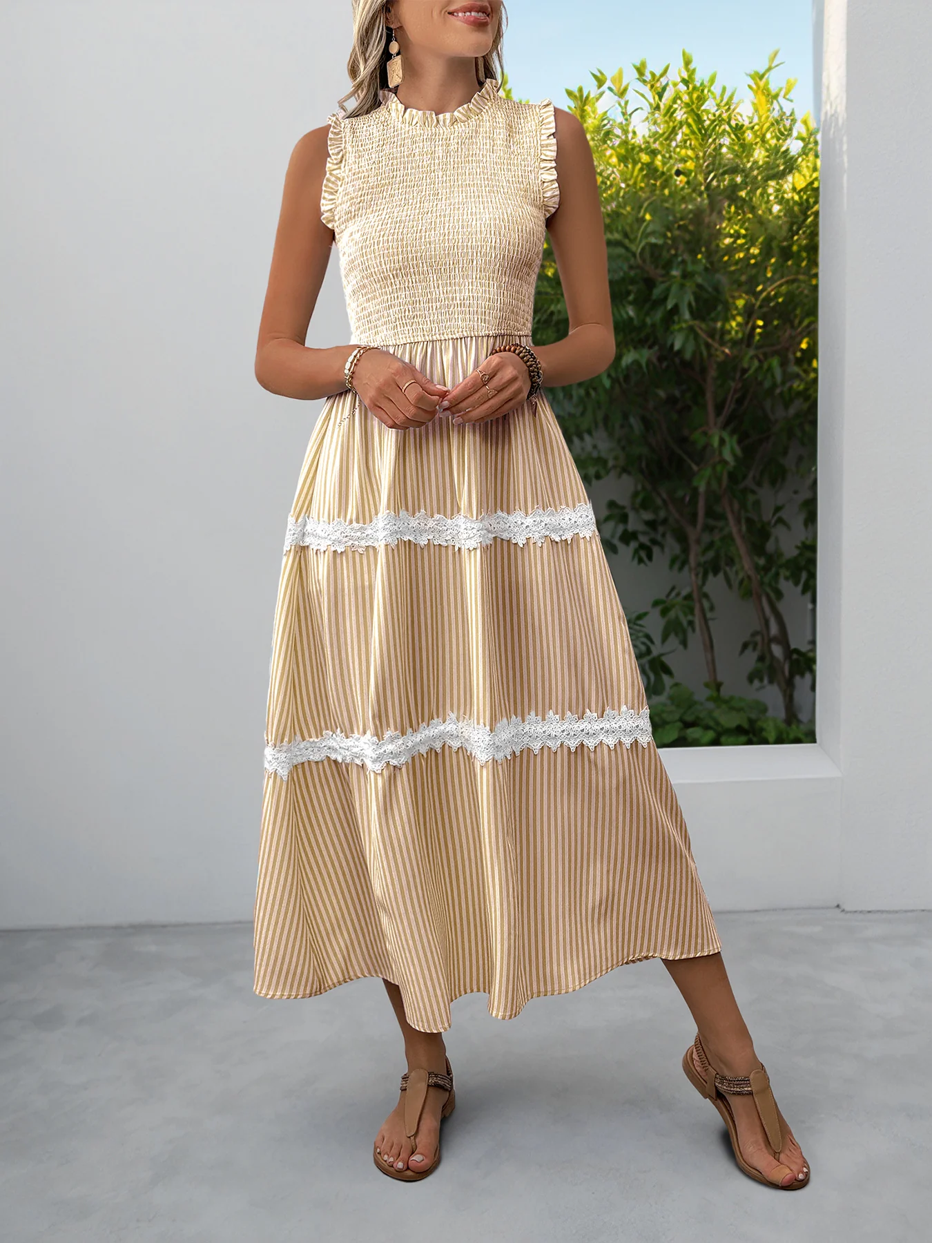 Striped Smocked Sleeveless Tiered Midi Dress - Image 6