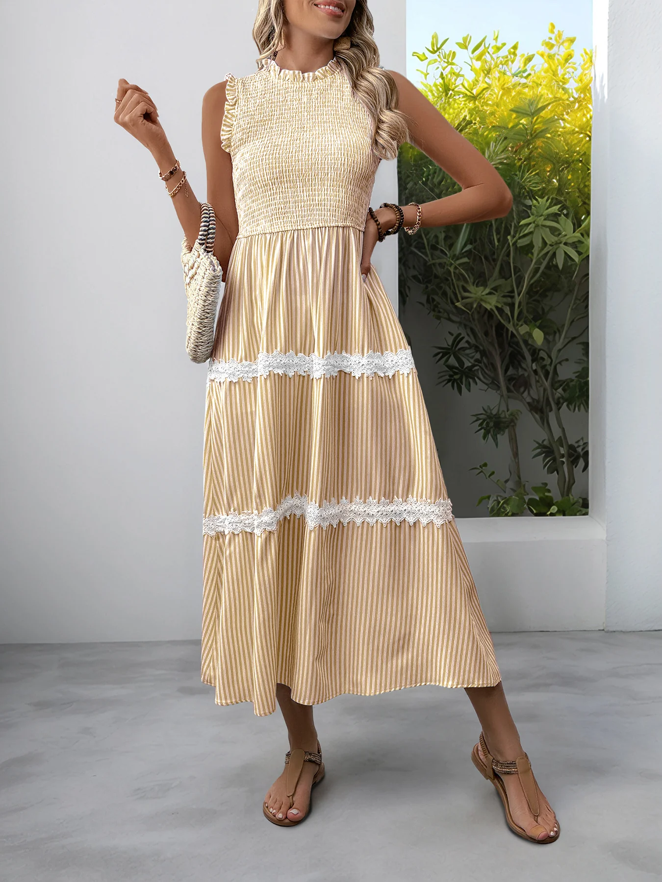 Striped Smocked Sleeveless Tiered Midi Dress - Image 7