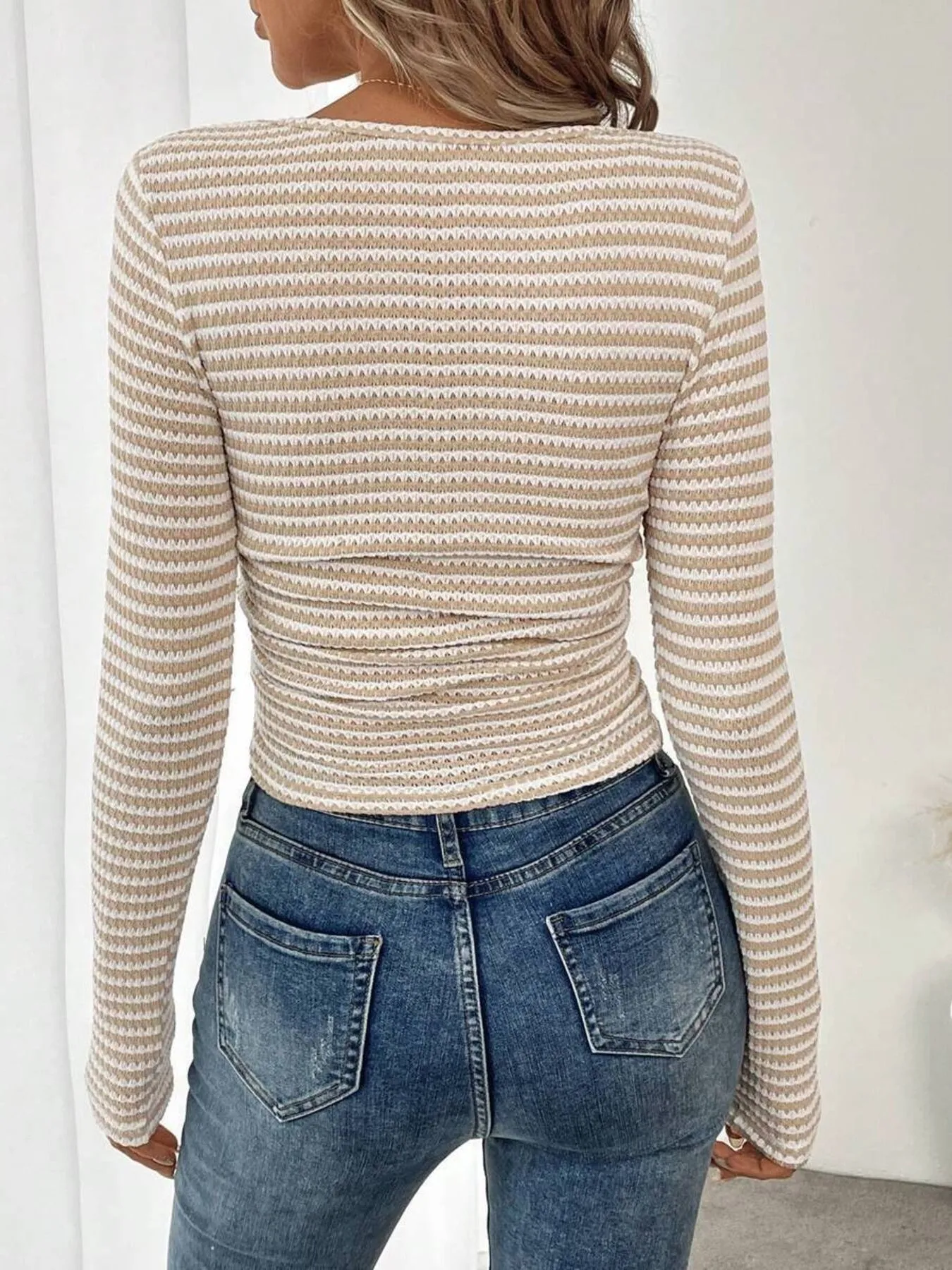 Striped Square Neck Long Sleeve T-Shirt - Image 8