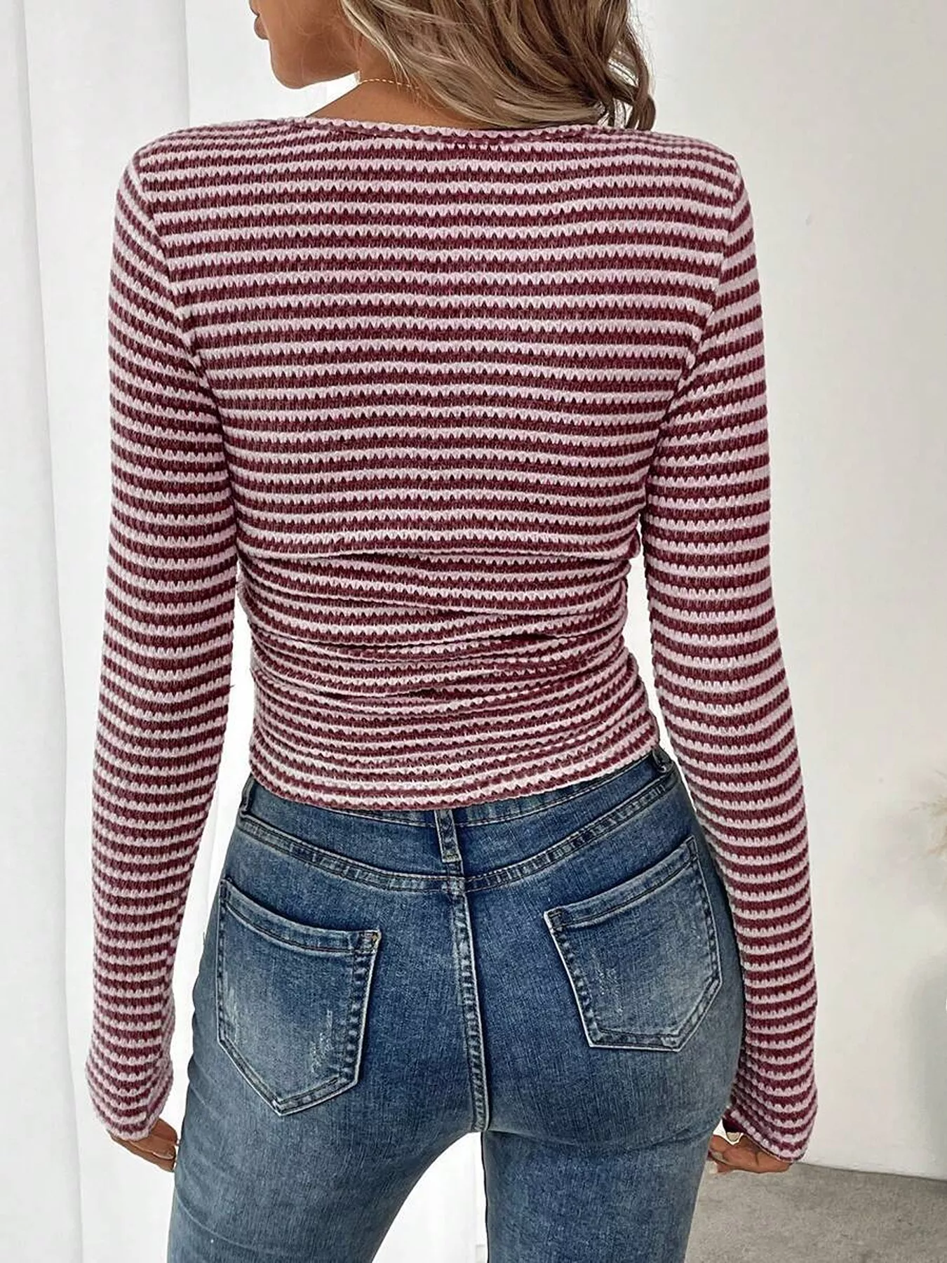 Striped Square Neck Long Sleeve T-Shirt - Image 9