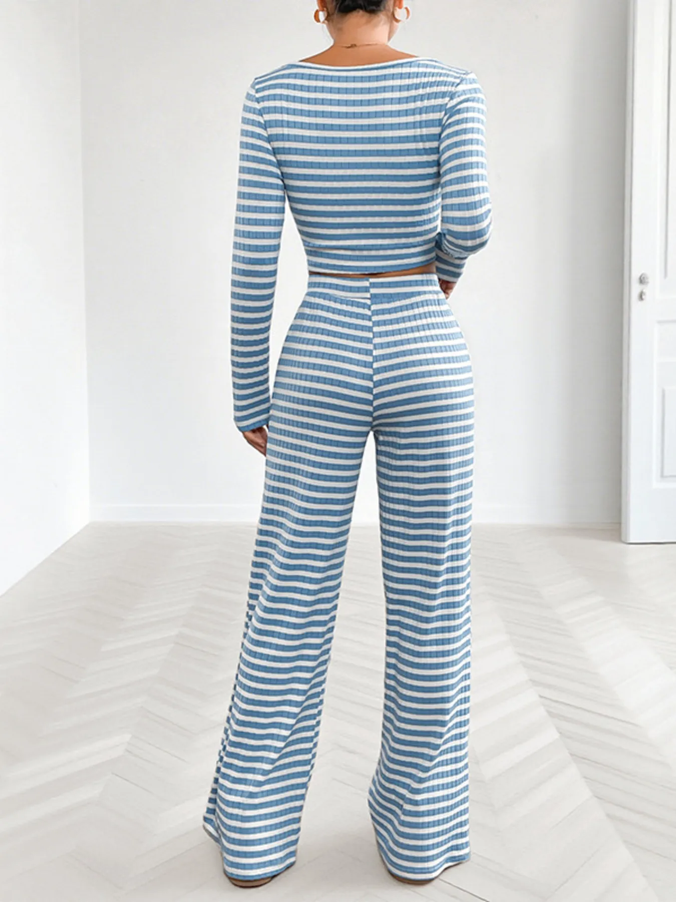 Striped Square Neck Long Sleeve Top and Pants Lounge Set - Image 13