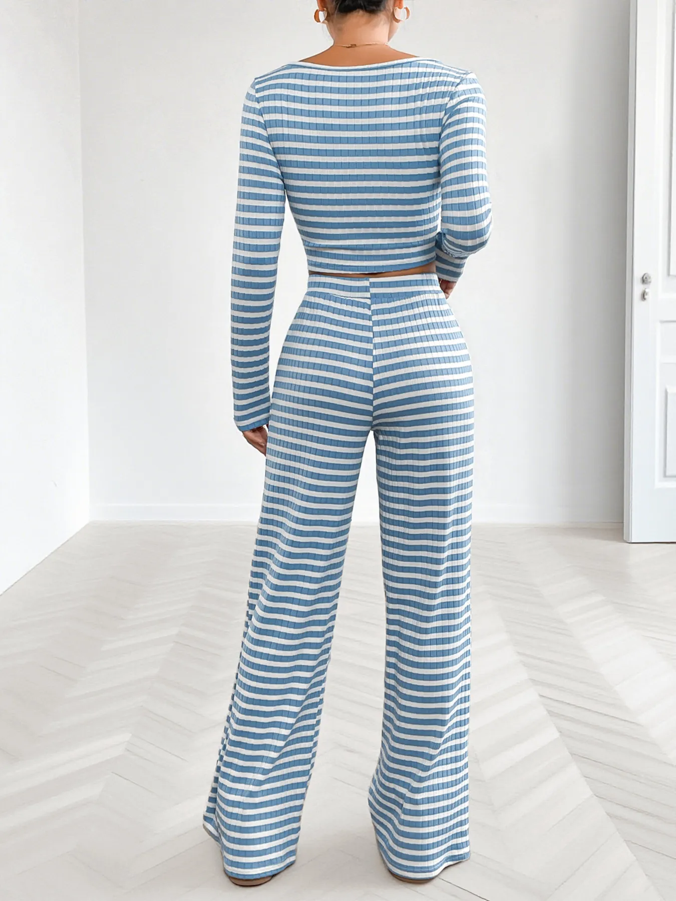 Striped Square Neck Long Sleeve Top and Pants Lounge Set - Image 6