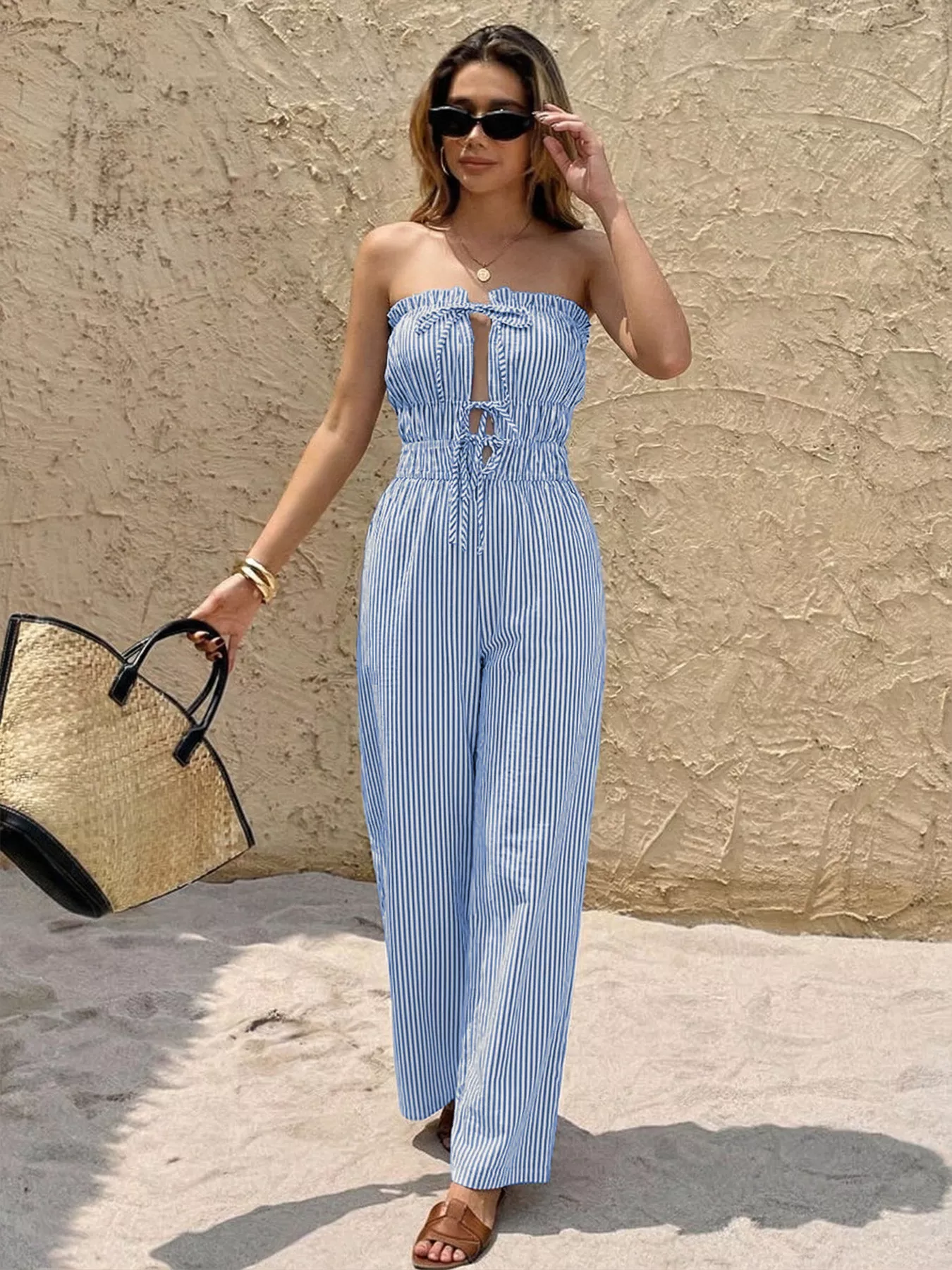 Striped Strapless Tie Front Wide Leg Jumpsuit - Image 5