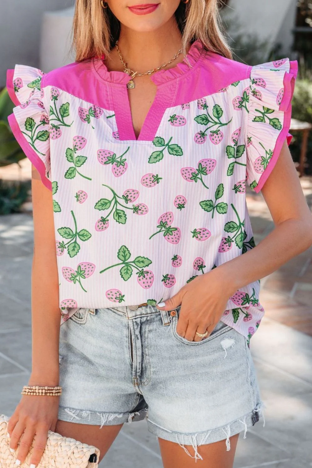 Striped Strawberry Printed Color Block Patchwork V Neck Flutter Sleeve Blouse - Image 2
