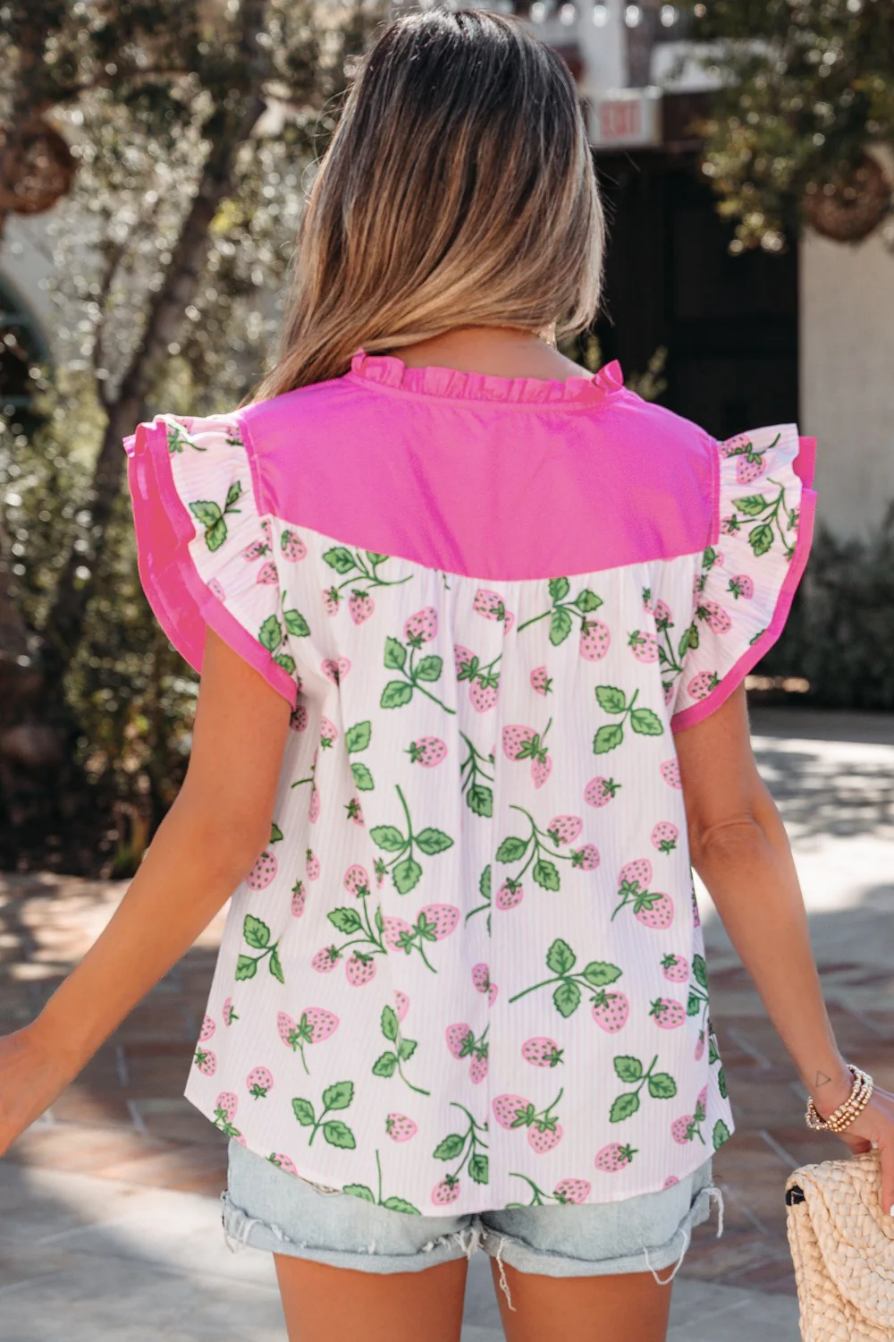 Striped Strawberry Printed Color Block Patchwork V Neck Flutter Sleeve Blouse - Image 4