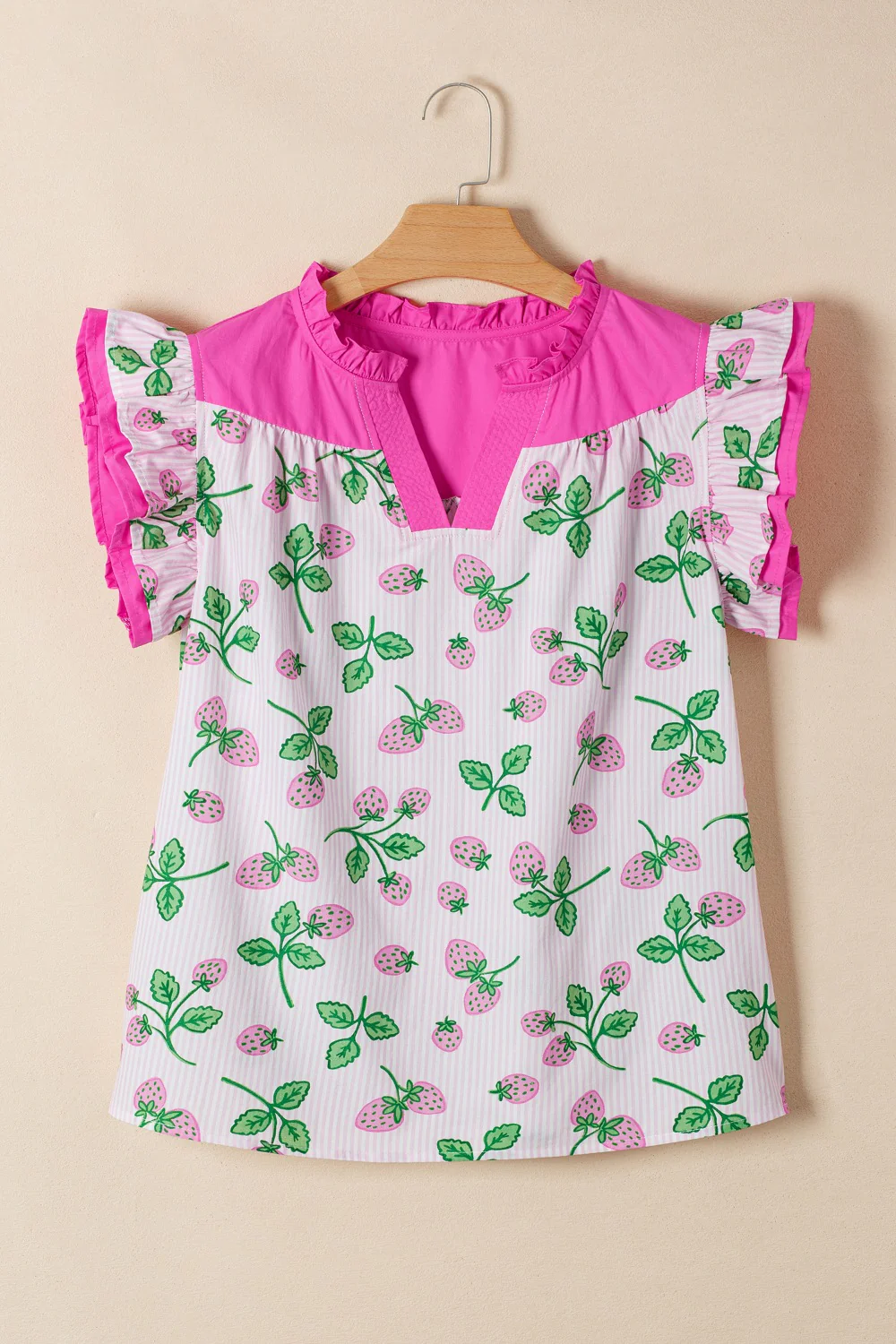 Striped Strawberry Printed Color Block Patchwork V Neck Flutter Sleeve Blouse - Image 5