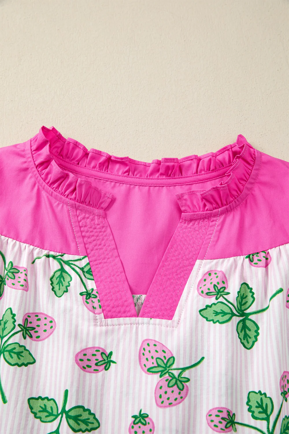 Striped Strawberry Printed Color Block Patchwork V Neck Flutter Sleeve Blouse - Image 7