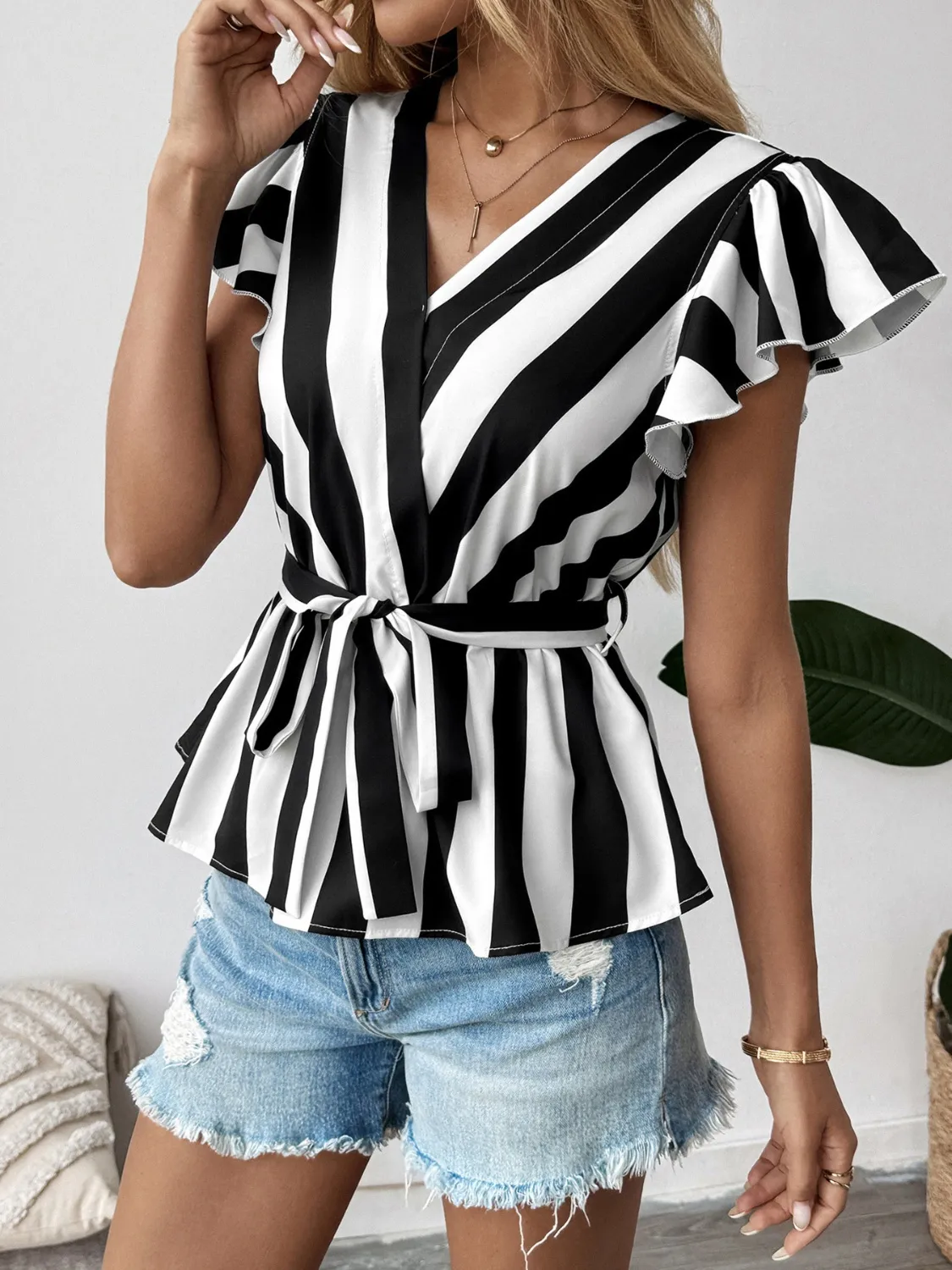 Striped Surplice Flutter Sleeve Wrap Blouse - Image 2