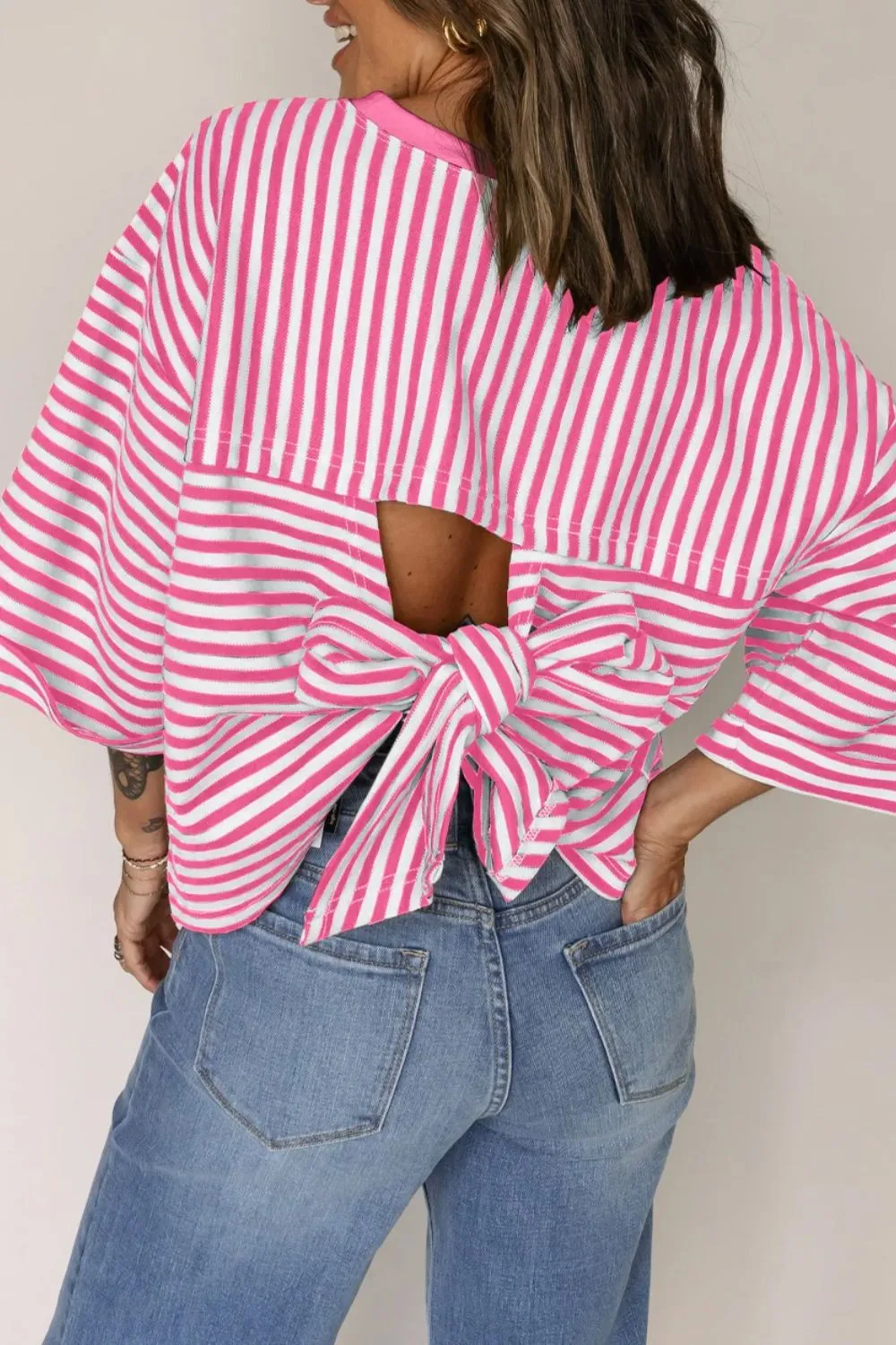 Striped Tie-Back Blouse with Cutout Detail - Image 8