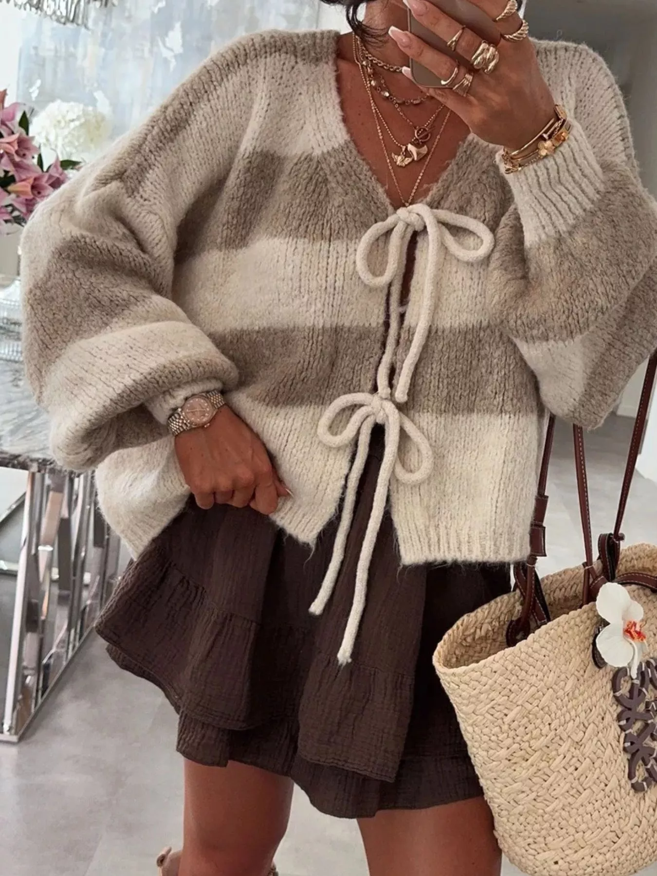 Striped Tie-Front Knit Cardigan - Image 14