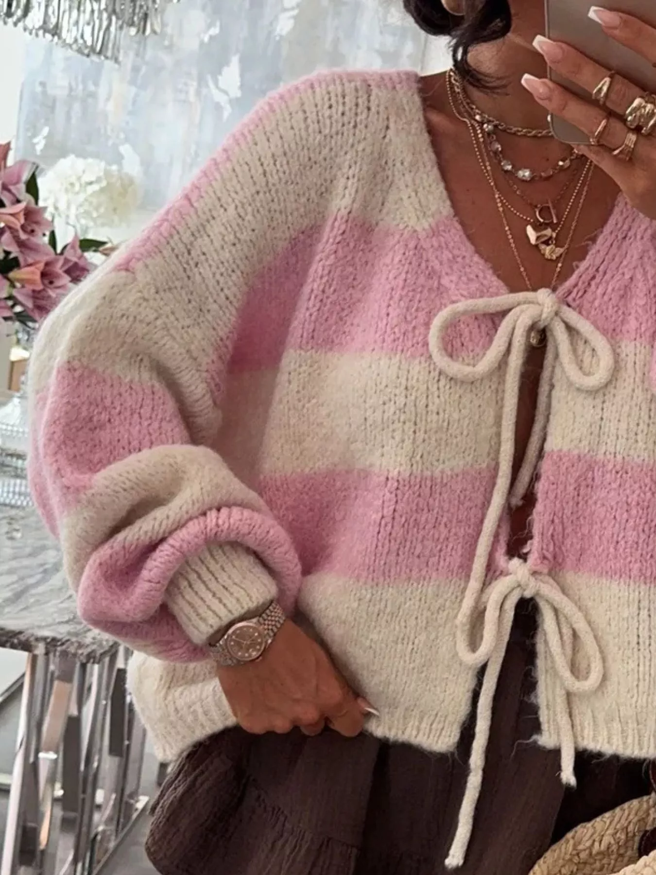 Striped Tie-Front Knit Cardigan - Image 2