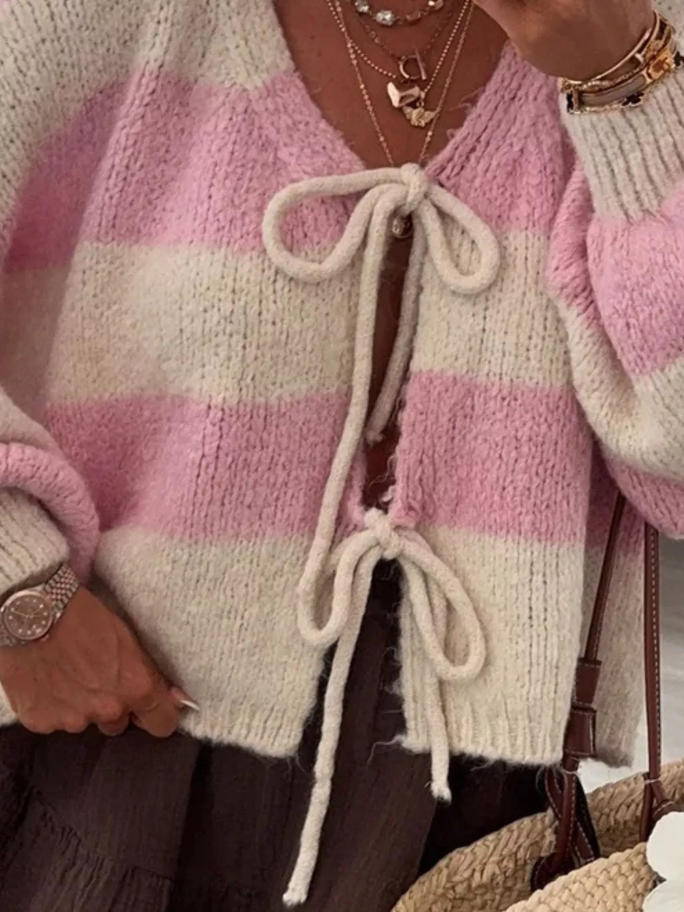 Striped Tie-Front Knit Cardigan - Image 3