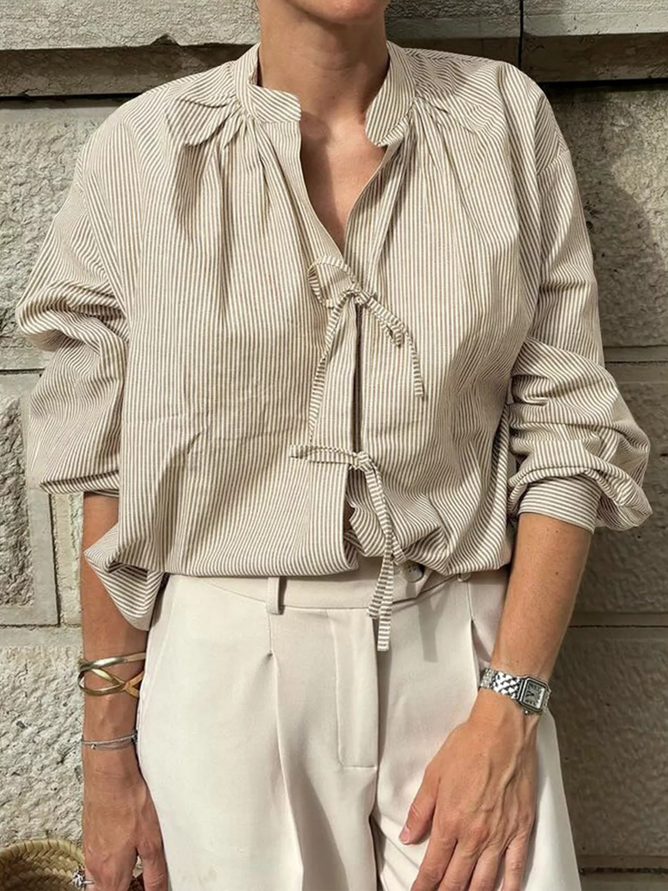 Striped Tie-Front Long Sleeve Shirt