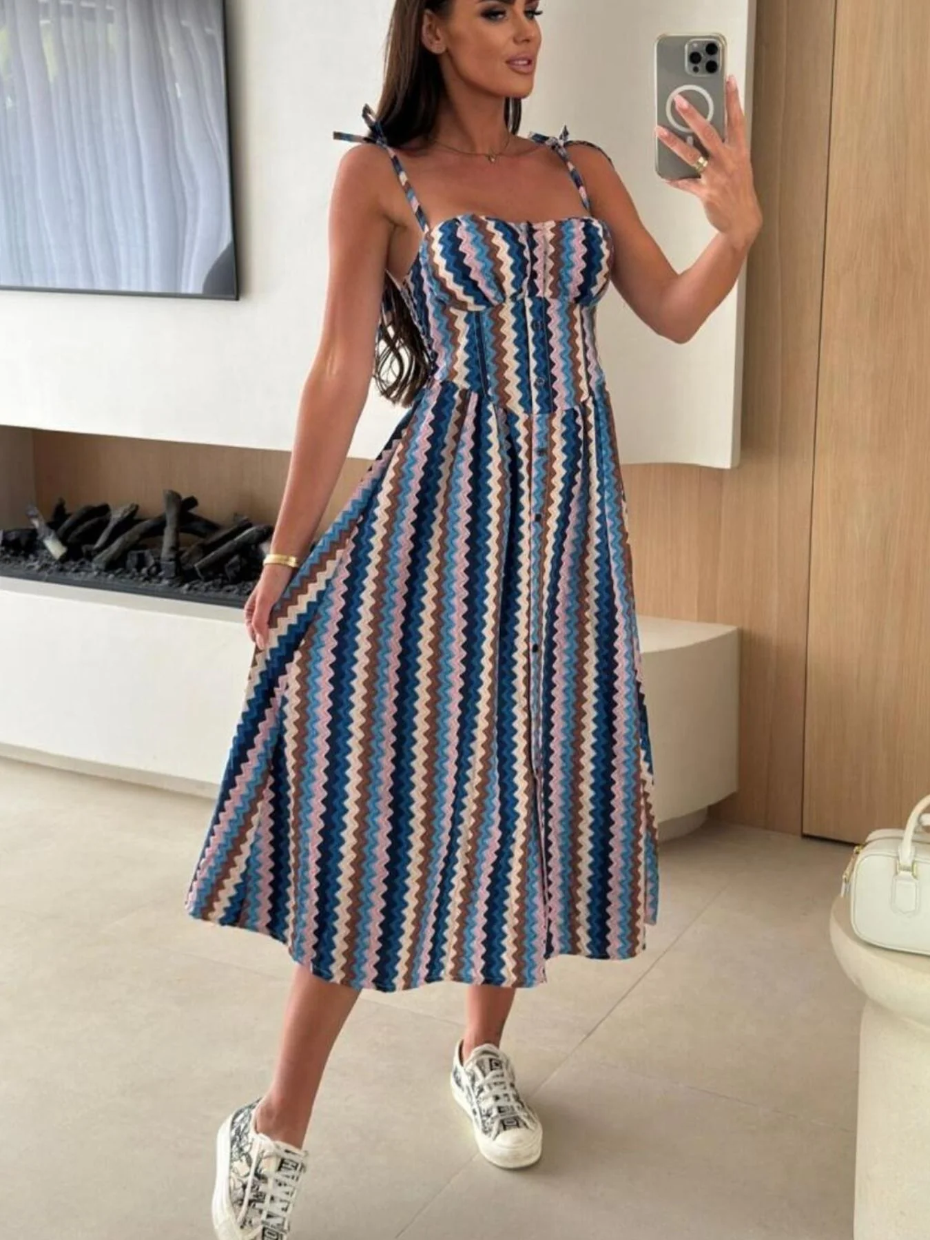 Striped Tie-Shoulder Midi Dress - Image 2