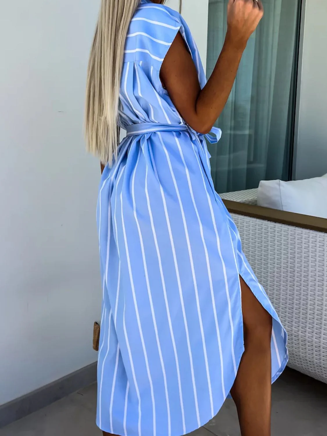 Striped Tie Waist Short Sleeve Dress - Image 10
