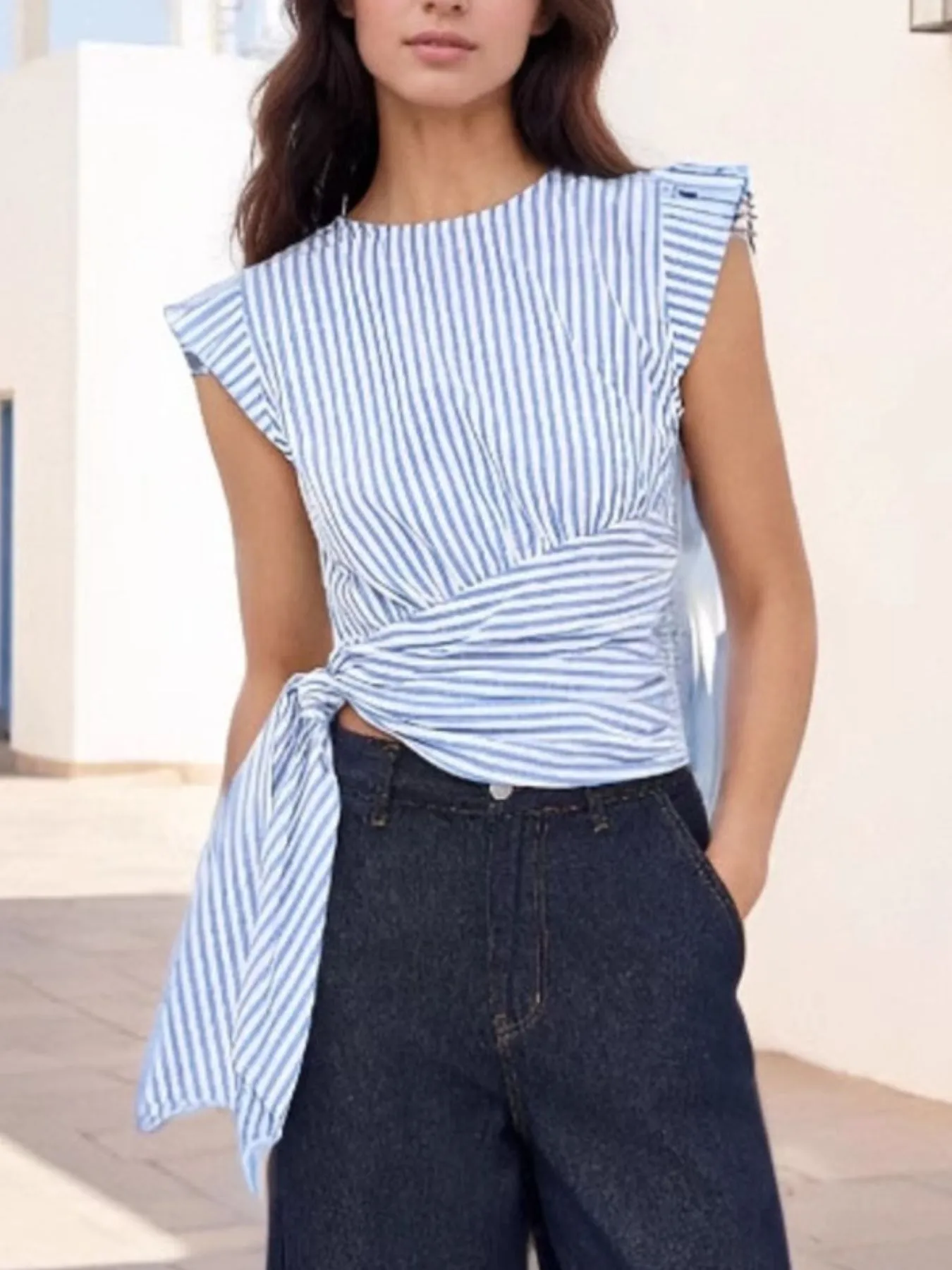 Striped Tied Cap Sleeve Blouse - Image 3