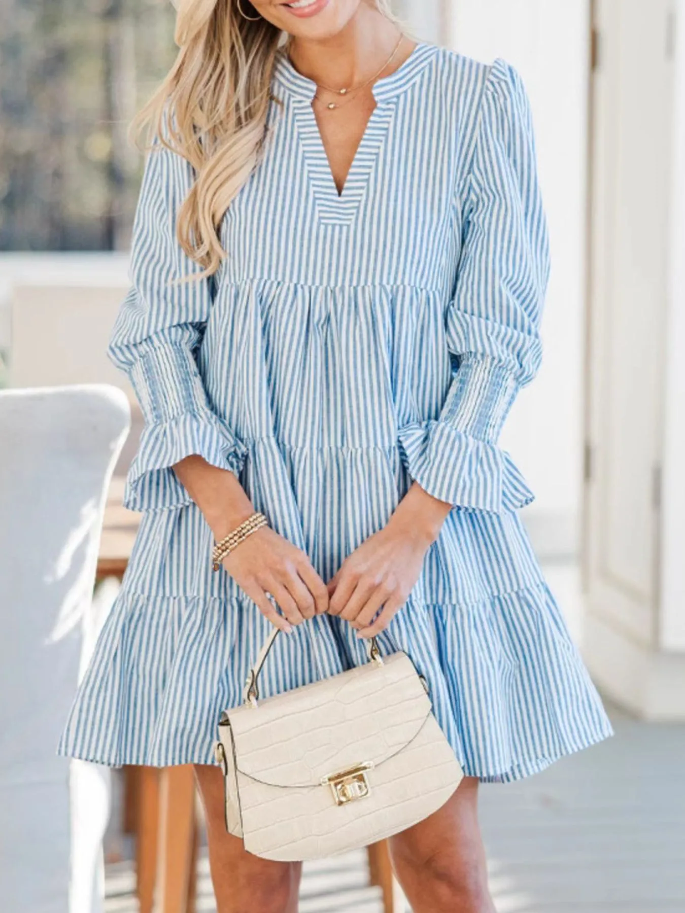 Striped Tiered Flounce Sleeve Shirt Dress