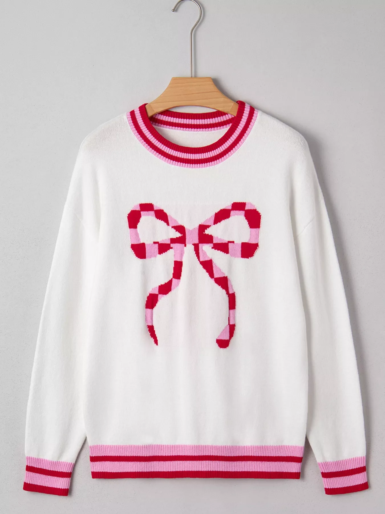 Striped Trim Bow Graphic Round Neck Drop Shoulder Sweater - Image 3