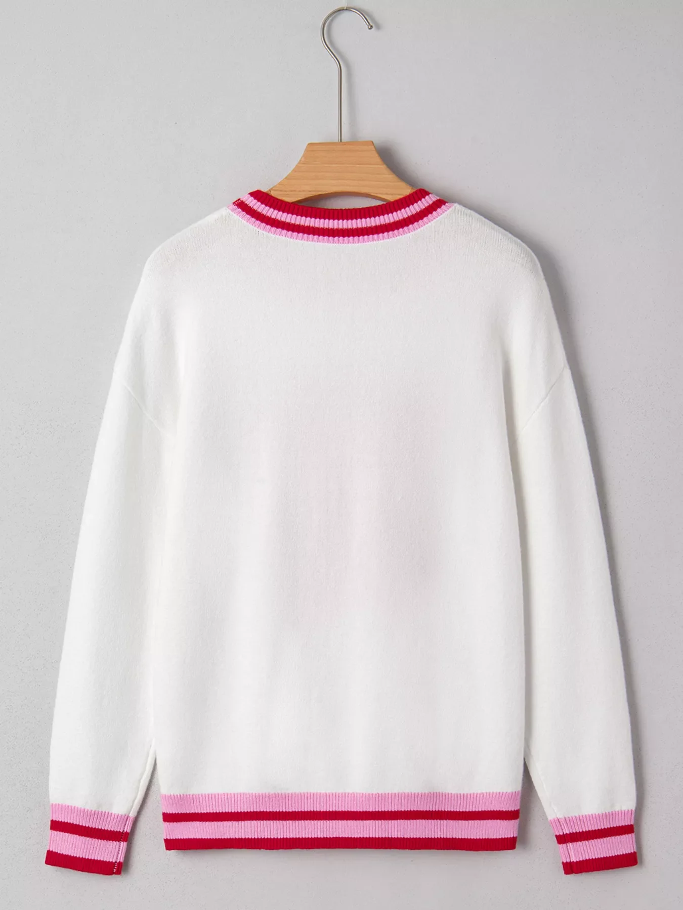 Striped Trim Bow Graphic Round Neck Drop Shoulder Sweater - Image 4
