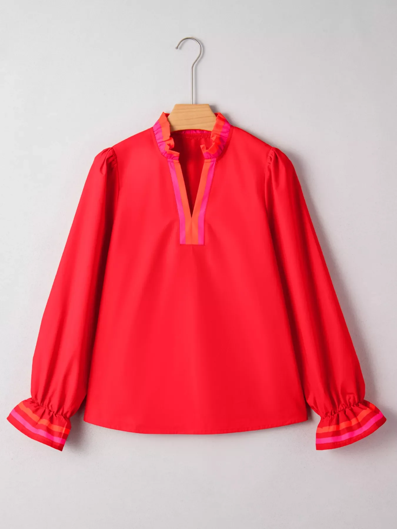 Striped Trim Ruffle Split Neck Long Sleeve Blouse - Image 2