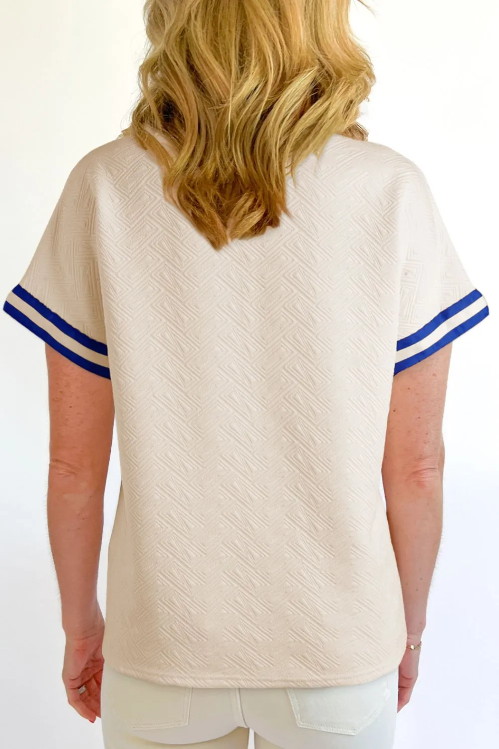 Striped Trim Textured Quarter Zipper Short Sleeve Top - Image 2