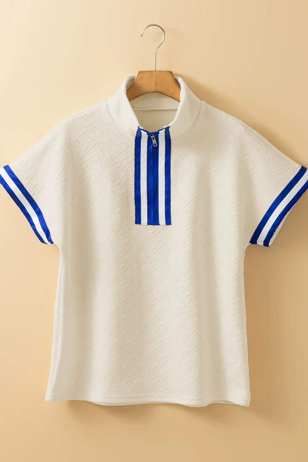 Striped Trim Textured Quarter Zipper Short Sleeve Top - Image 3