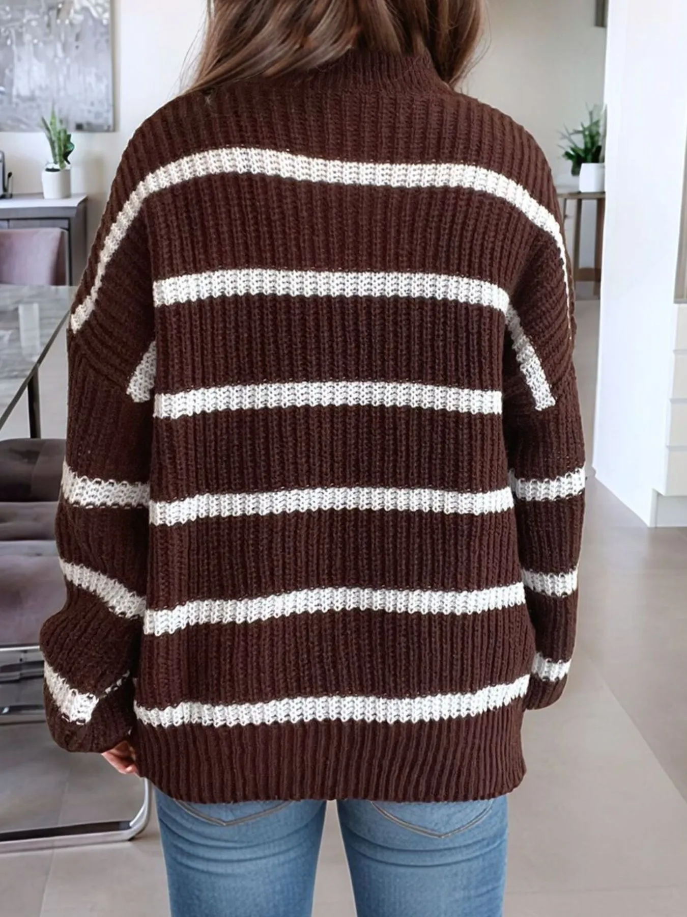 Striped Turtleneck Long Sleeve Sweater - Image 5
