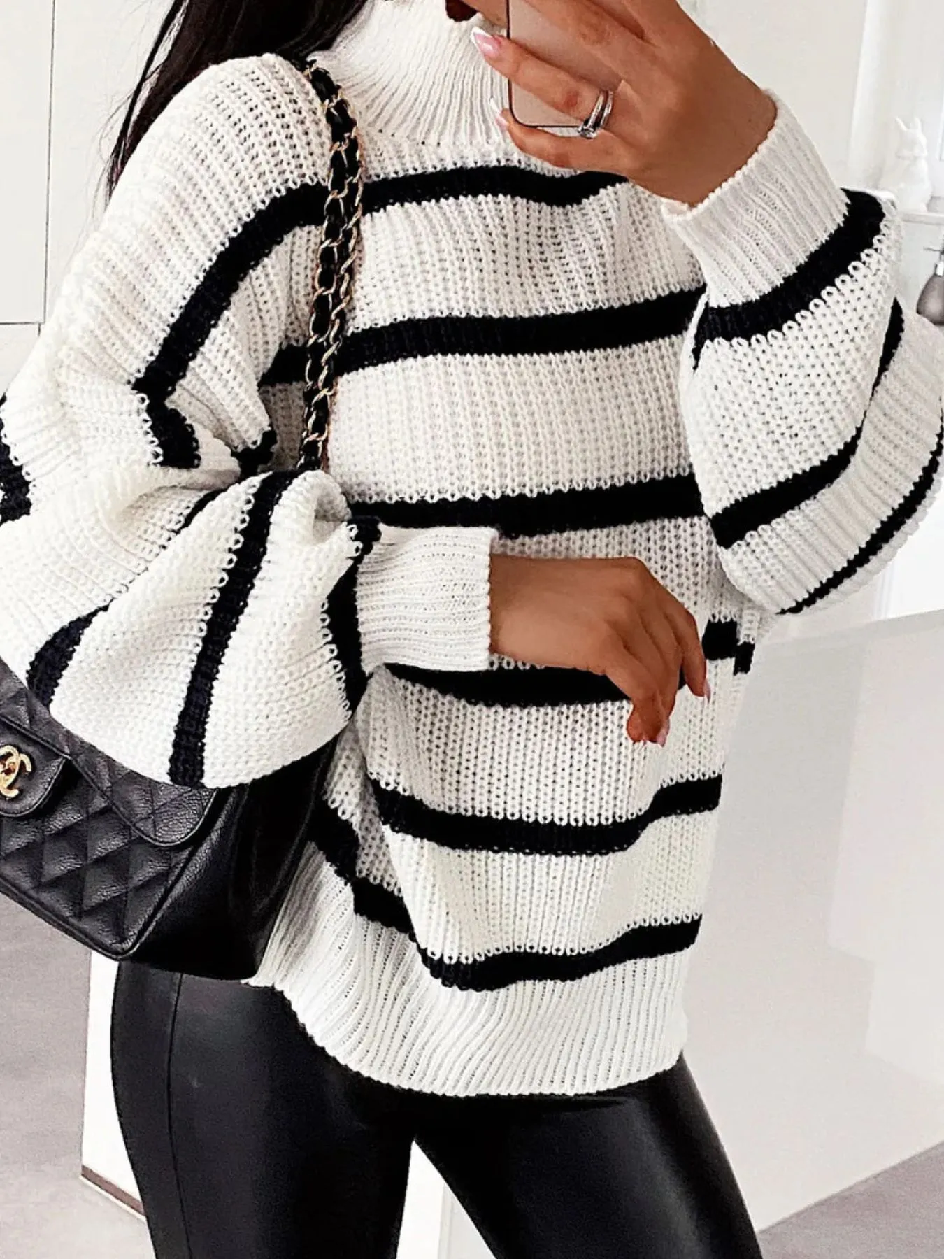 Striped Turtleneck Long Sleeve Sweater - Image 7
