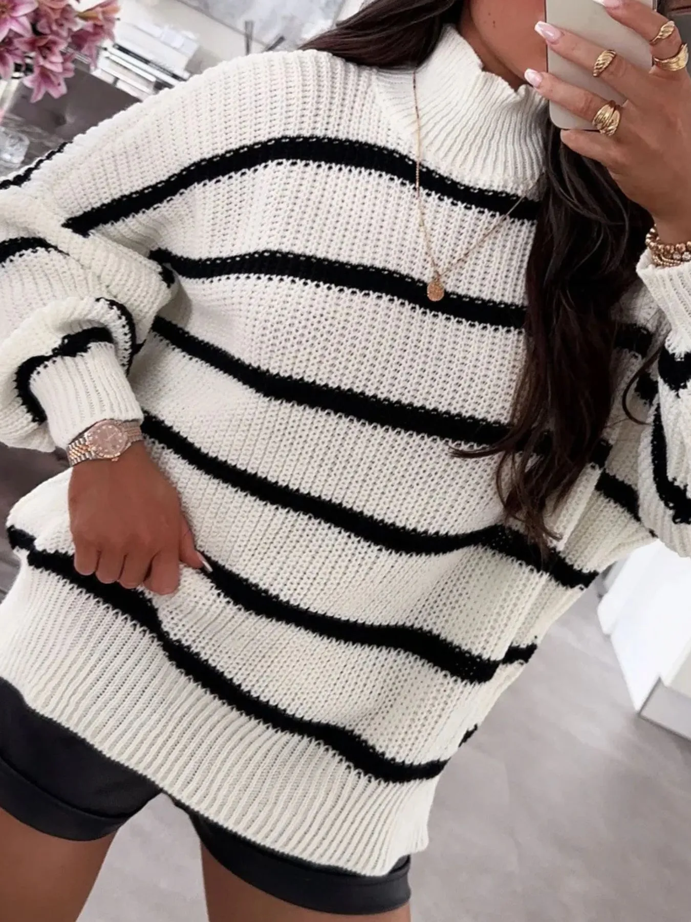 Striped Turtleneck Long Sleeve Sweater - Image 8