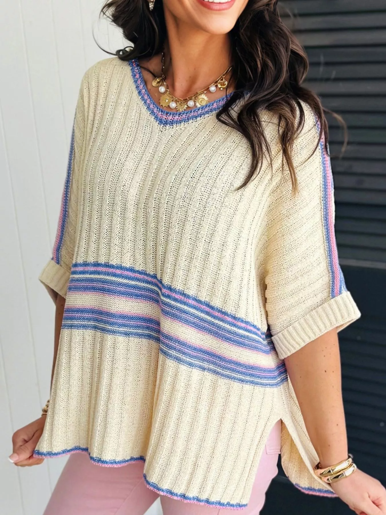 Striped V Neck Dolman Sleeve Rib Knit Oversized Sweater with Slits - Image 3