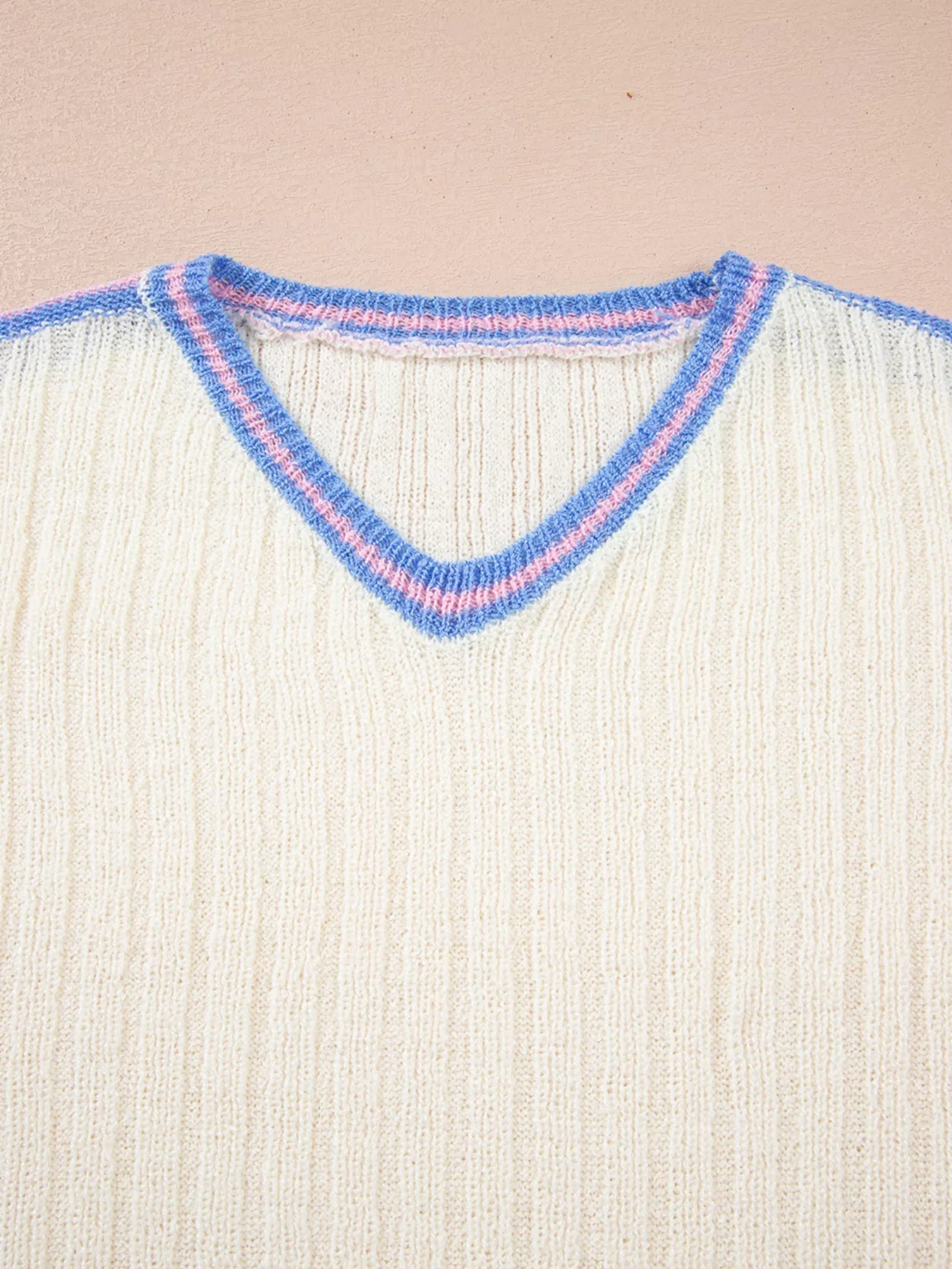 Striped V Neck Dolman Sleeve Rib Knit Oversized Sweater with Slits - Image 7