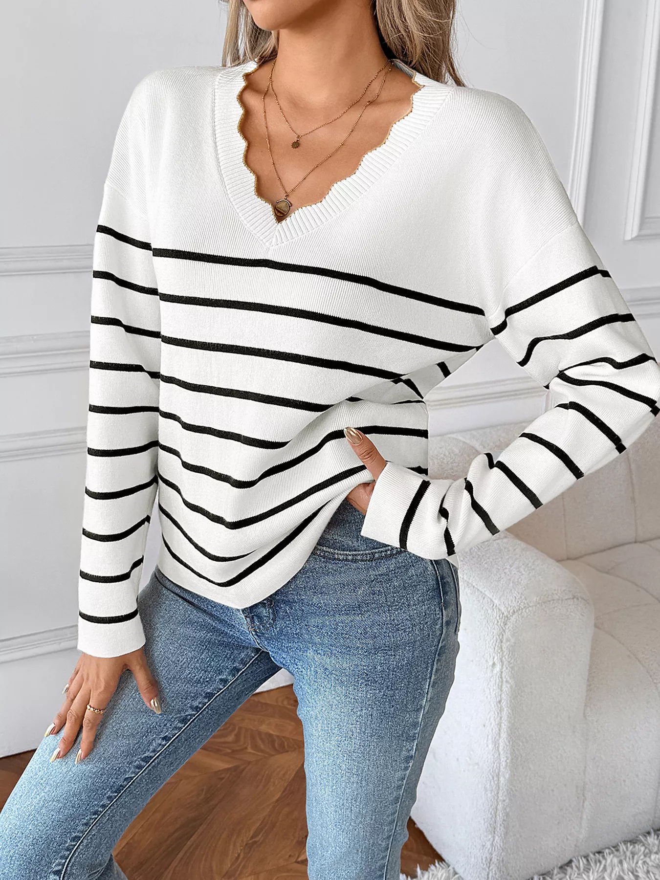 Striped V-Neck Long Sleeve Sweater - Image 2
