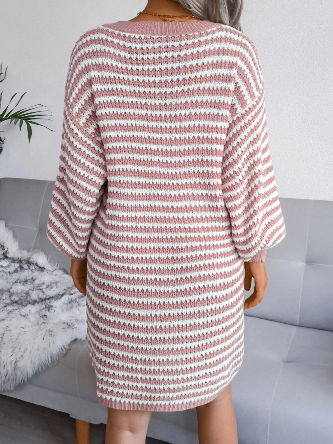 Striped V-Neck Long Sleeve Sweater Dress - Image 3