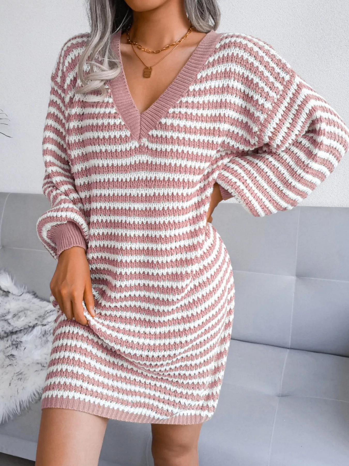 Striped V-Neck Long Sleeve Sweater Dress - Image 4