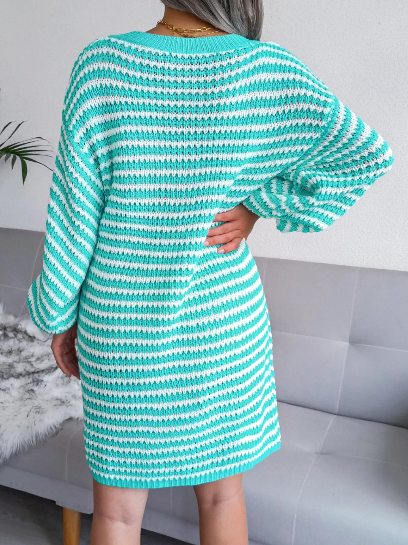 Striped V-Neck Long Sleeve Sweater Dress - Image 9